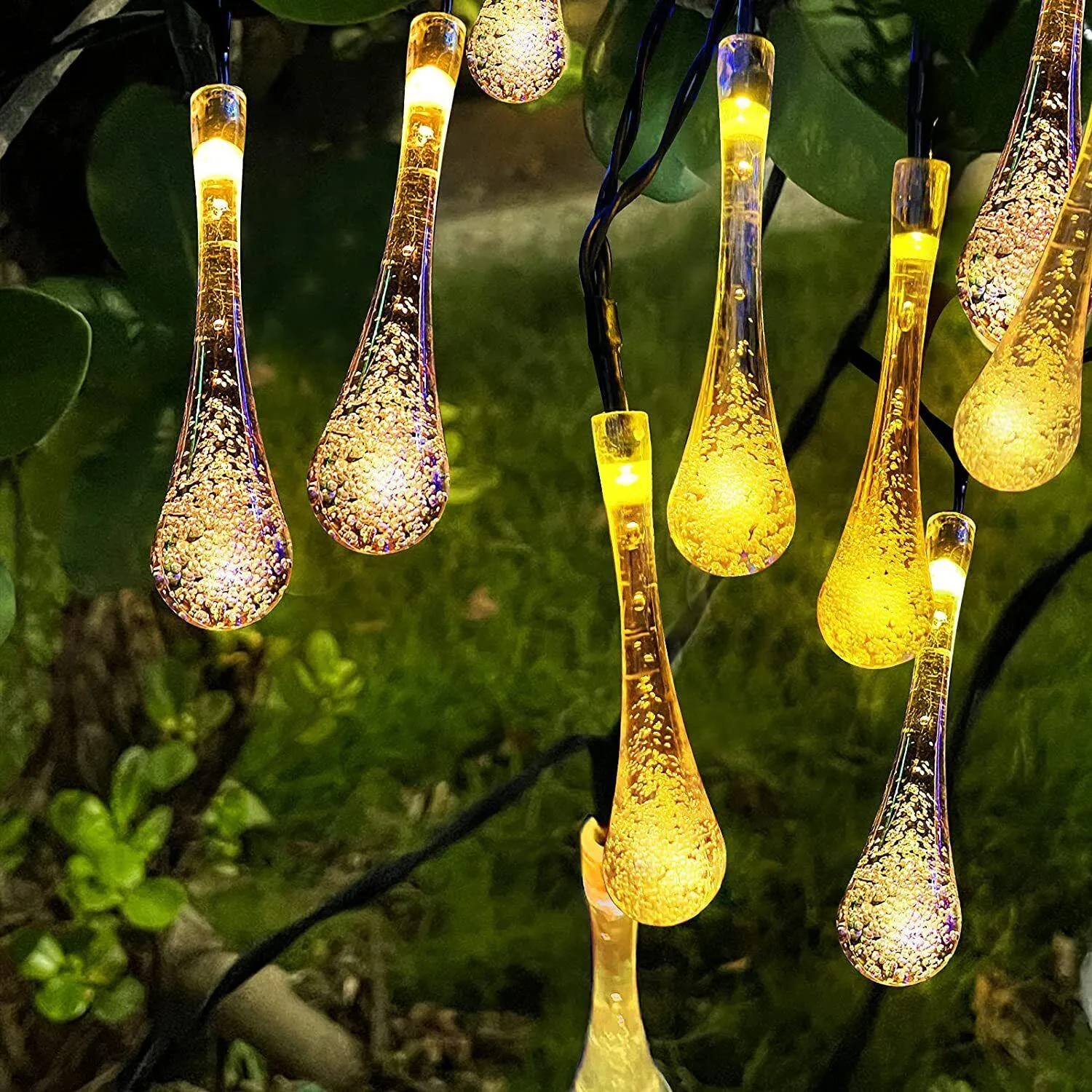 Raindrop Design Solar Powered Warm White Led String Lights