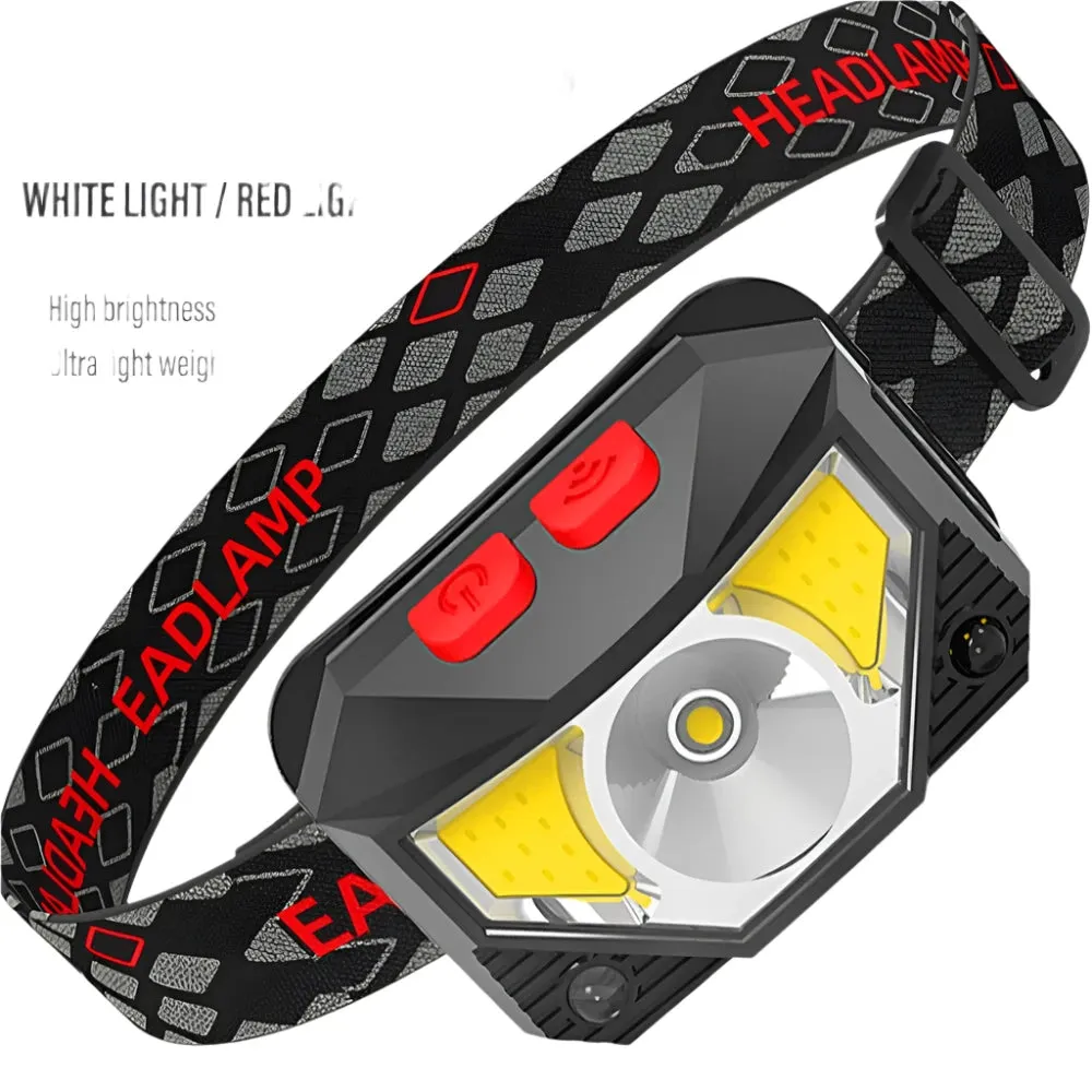 Rechargeable LED Headlamp Sensor Headlight With COB and LED Beads 8 Lighting Modes White and Red Light Fishing Light