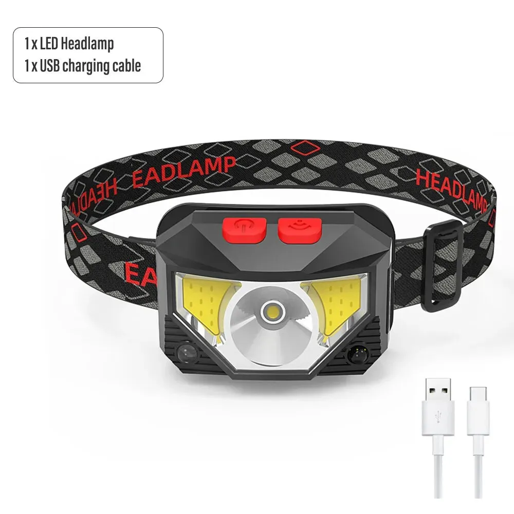 Rechargeable LED Headlamp Sensor Headlight With COB and LED Beads 8 Lighting Modes White and Red Light Fishing Light