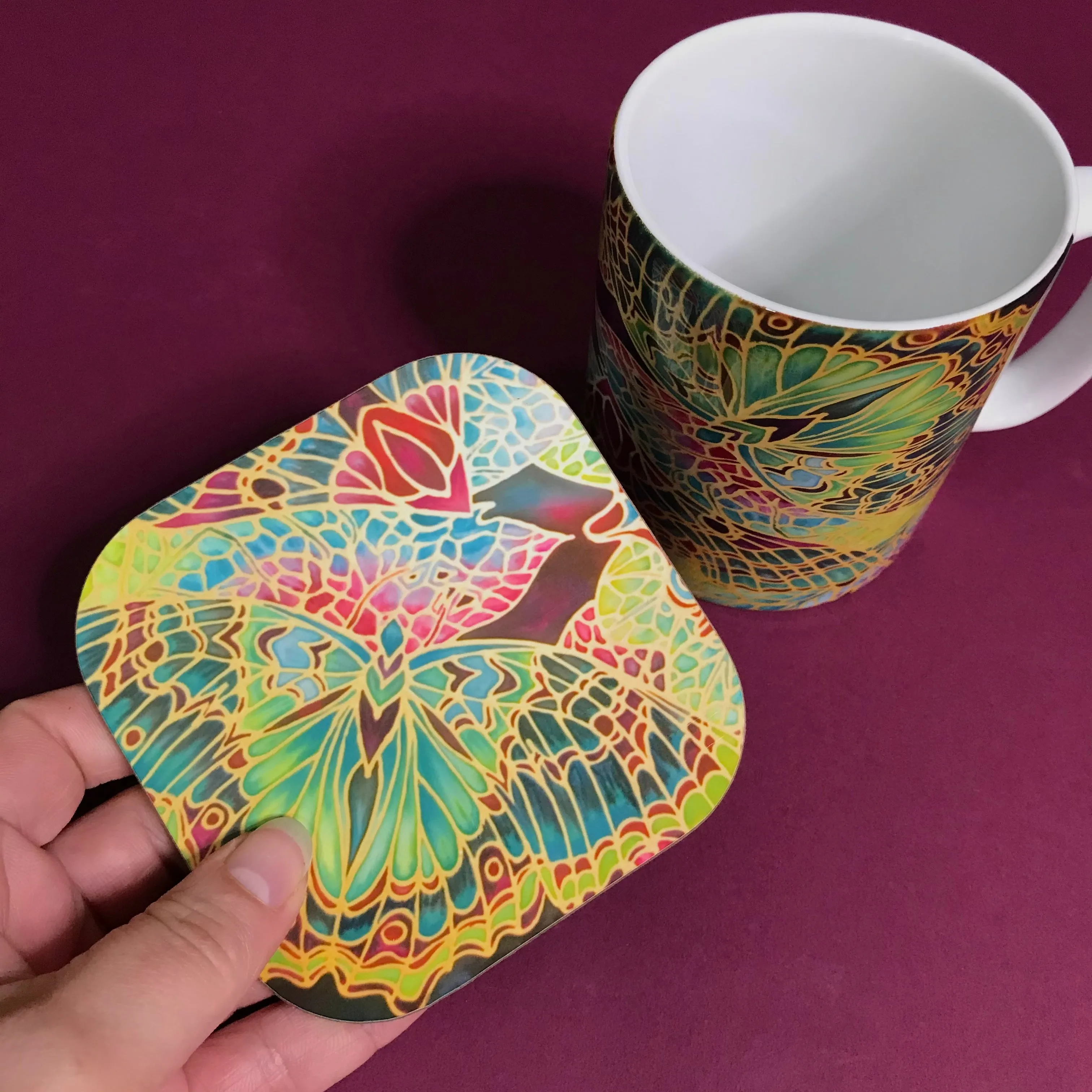 Red Green Mosaic Butterfly Mug and Coaster - Butterfly Mug Box Set