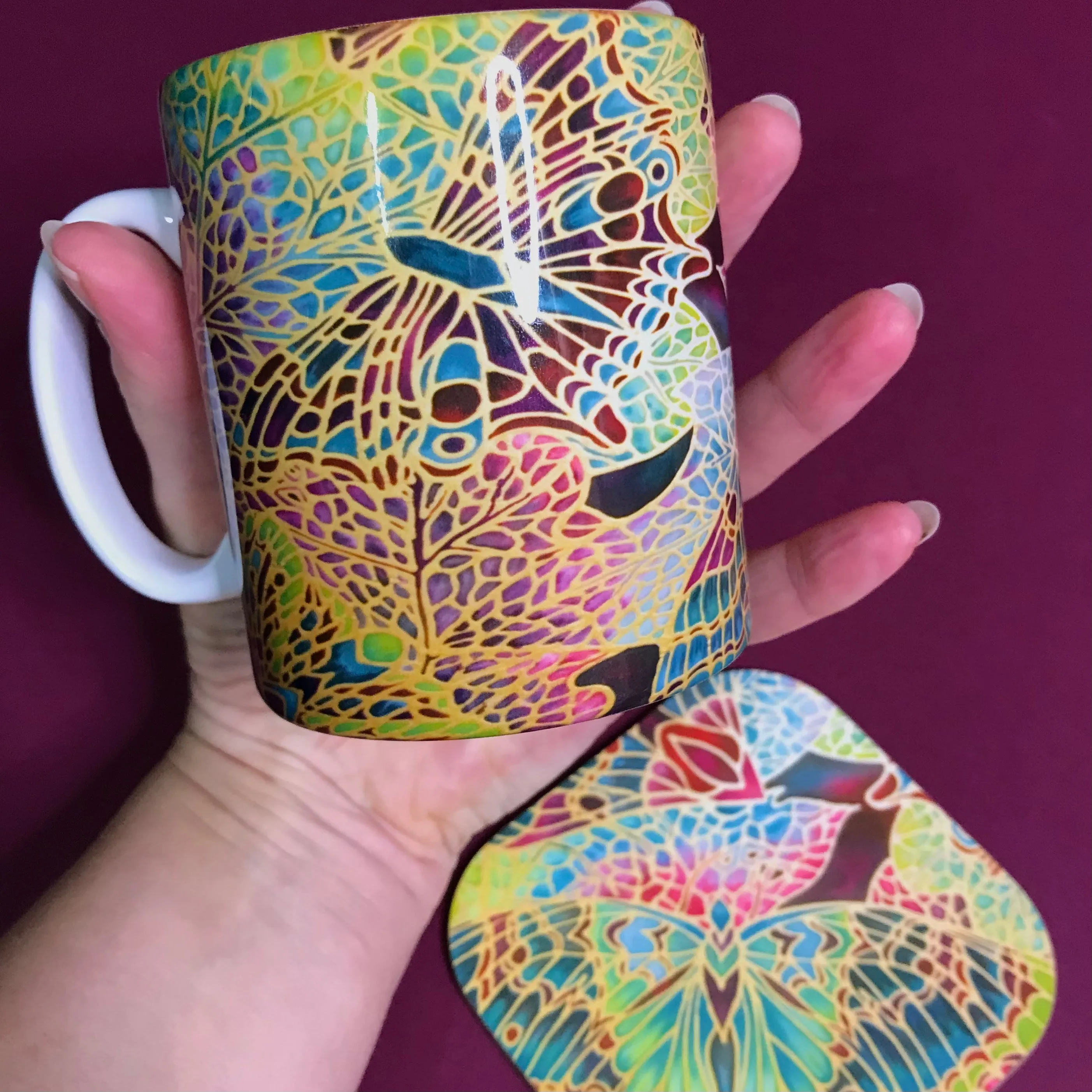 Red Green Mosaic Butterfly Mug and Coaster - Butterfly Mug Box Set