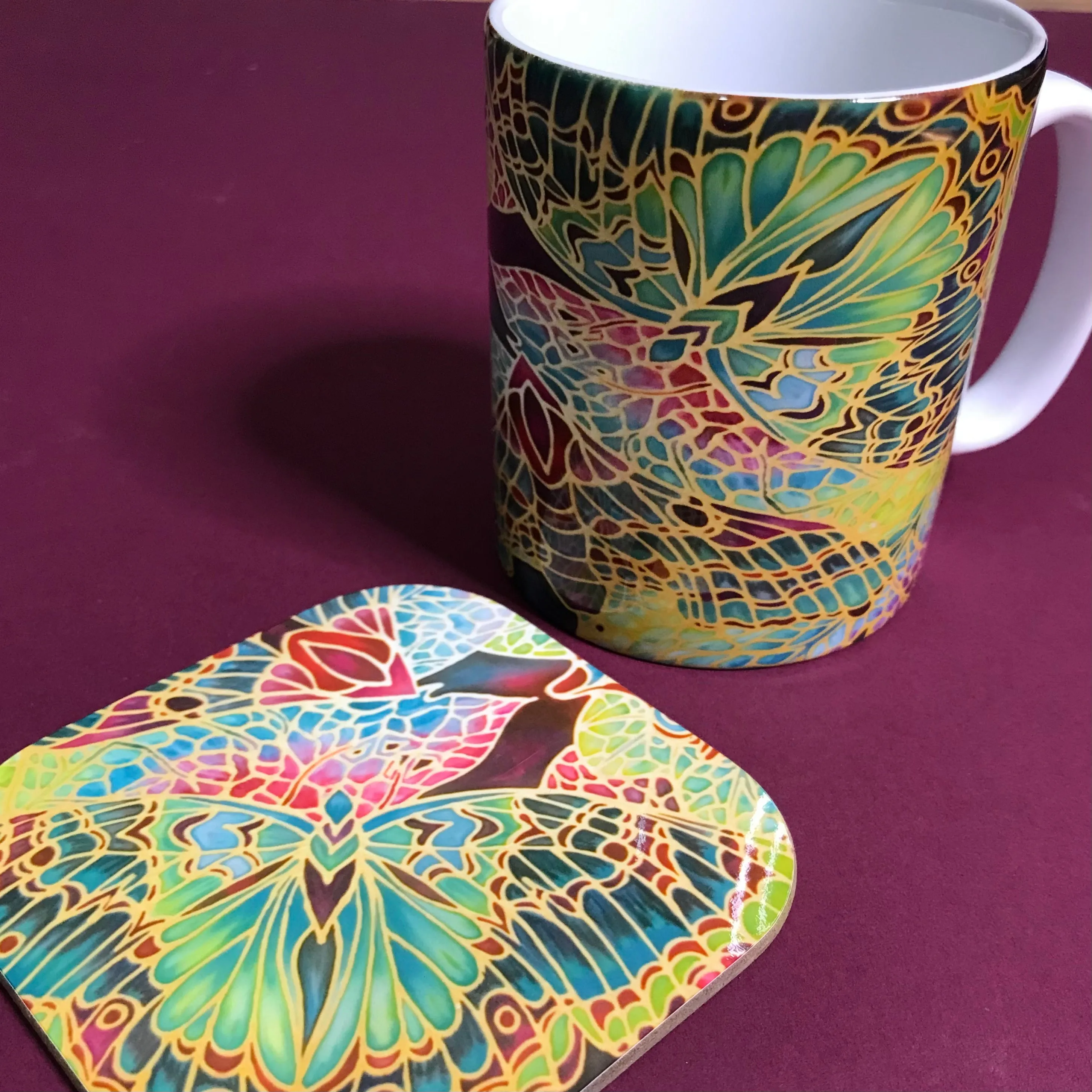 Red Green Mosaic Butterfly Mug and Coaster - Butterfly Mug Box Set