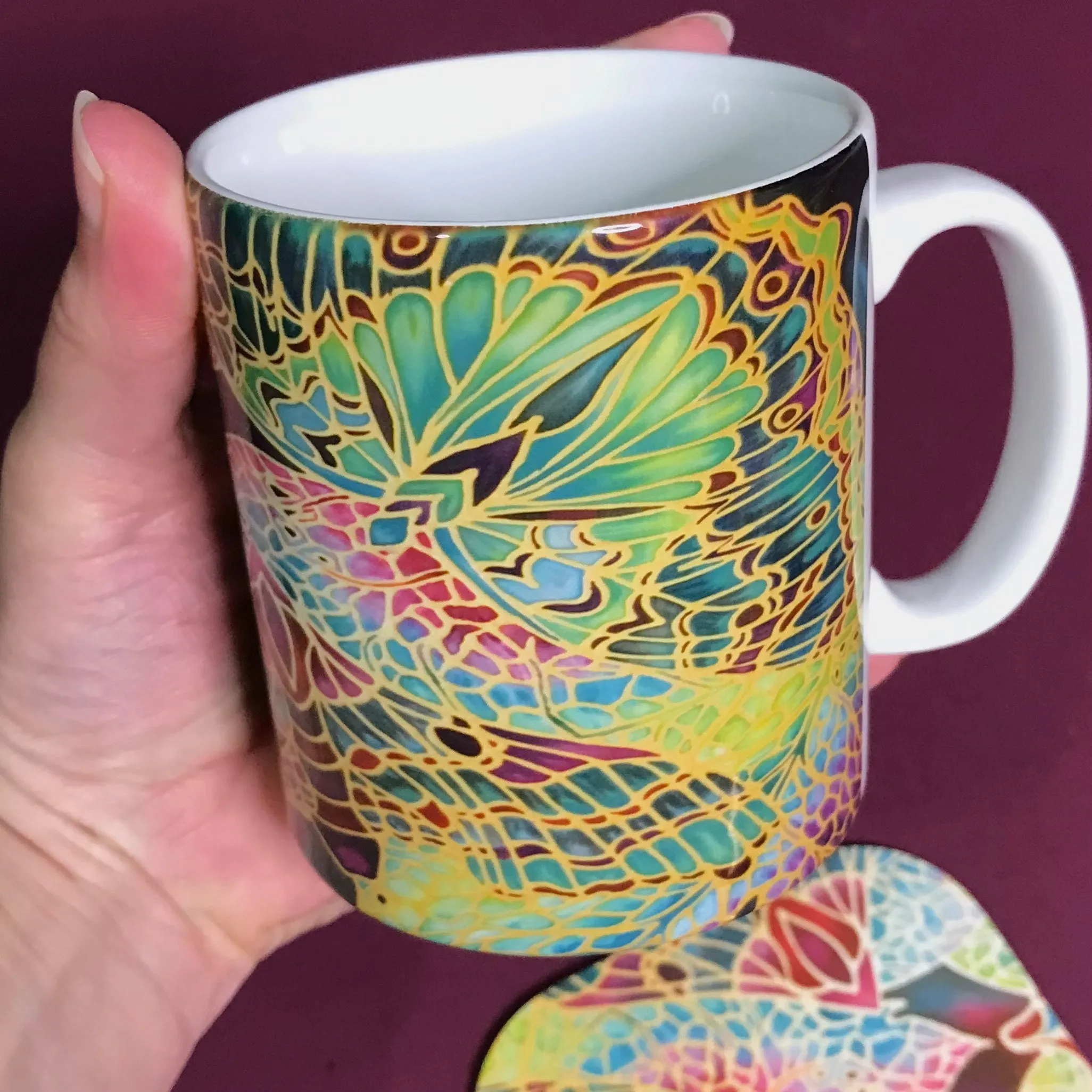 Red Green Mosaic Butterfly Mug and Coaster - Butterfly Mug Box Set