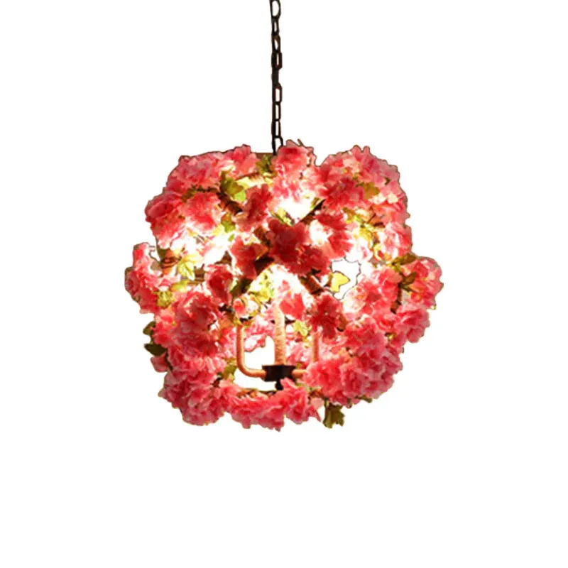 Red/Green 3-Head Ceiling Chandelier Industrial Rope Orb Cage Hanging Pendant Light with Fake Plant/Cherry Deco