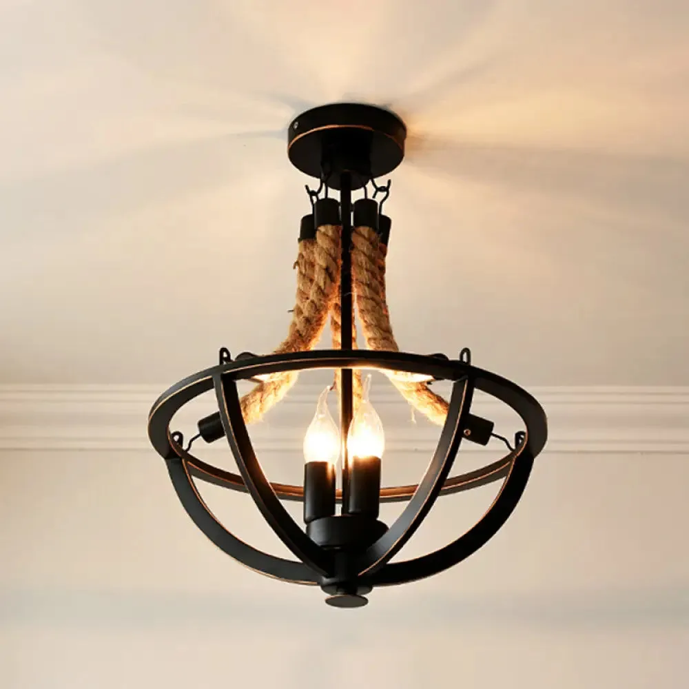 Retro-style Chandelier Pendant Light with Hemp Rope and Iron Basket - Set of 3 Bulbs