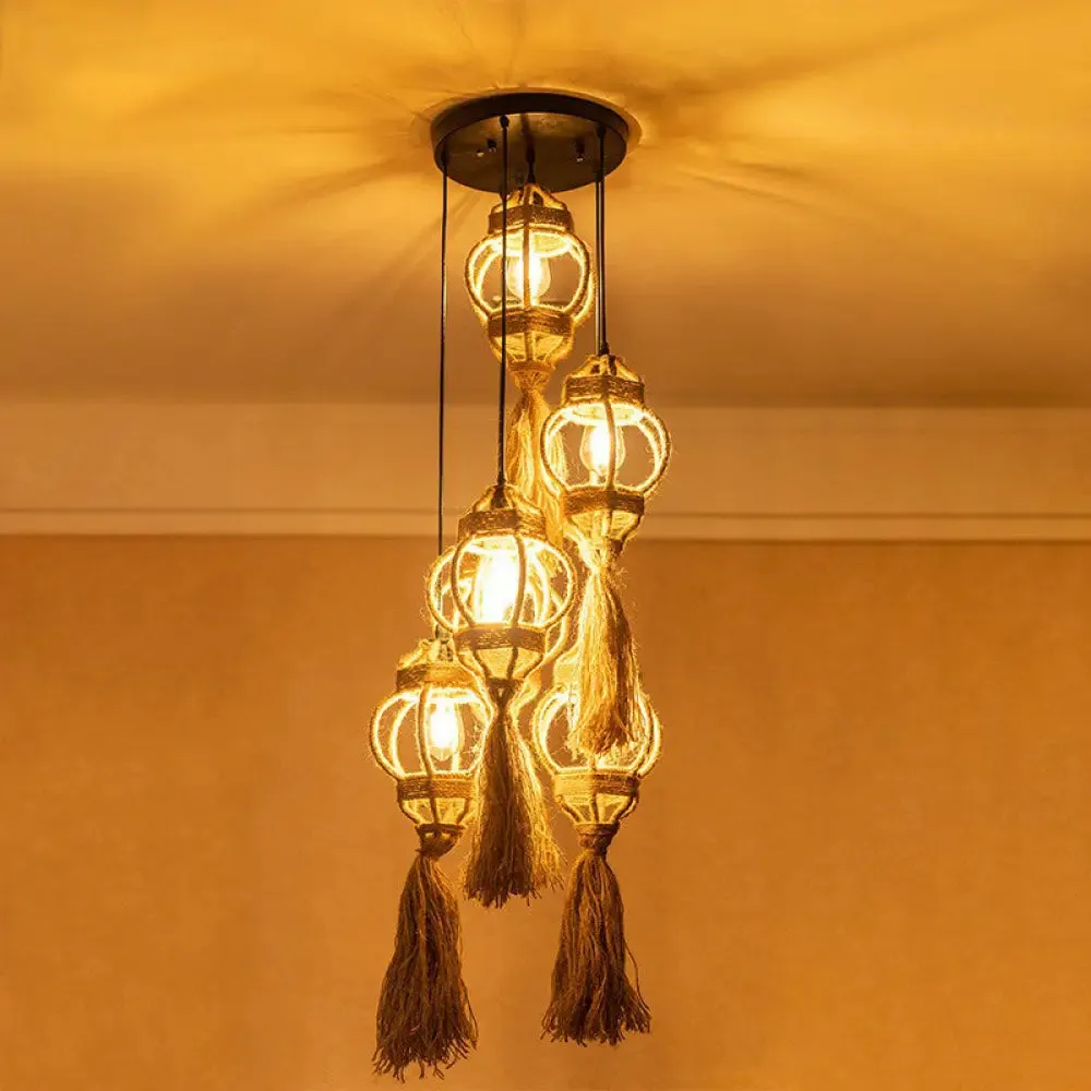 Rustic Hand-Crafted Kitchen Ceiling Light: Farmhouse Hemp Rope Pendant with Brown Cluster, 3/6-Head Design & Round/Linear Canopy