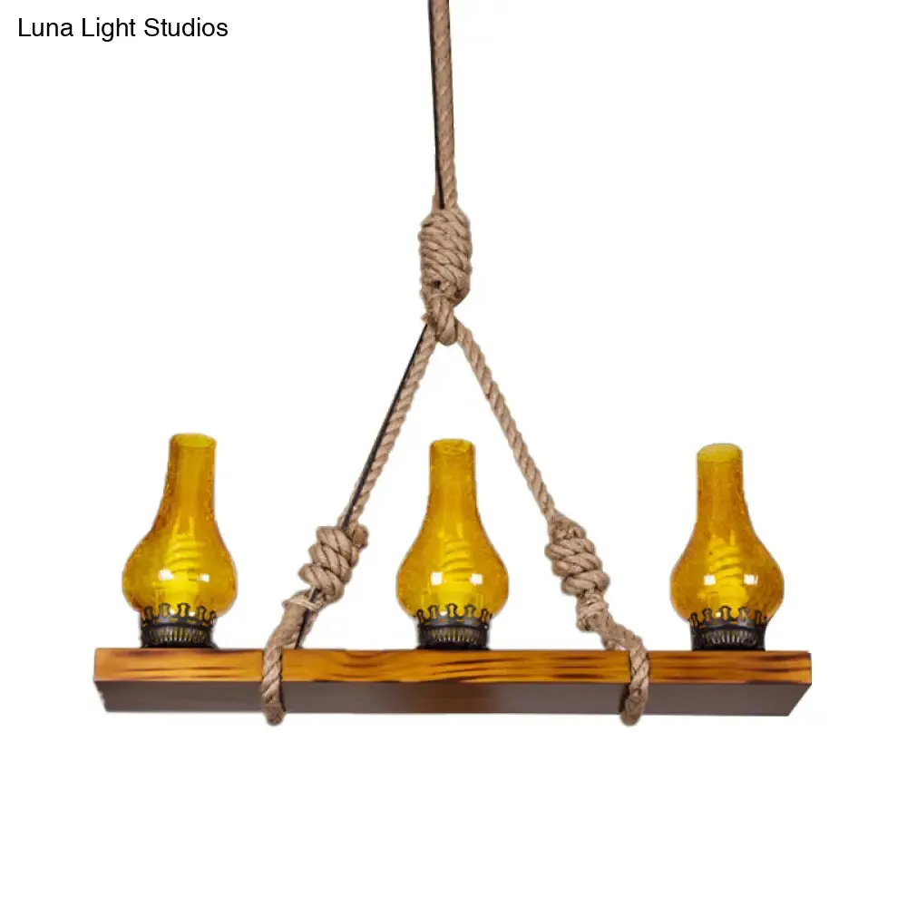 Rustic Loft Pendant Light with Yellow Cracked Glass Shade - Wooden Linear Island Lamp - 3 Lights for Living Room