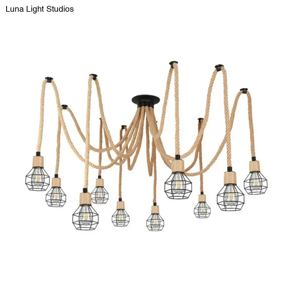 Rustic Rope Pendant Light with Spherical Cage - 6/10 Lights, Brown Bistro Swag Lamp