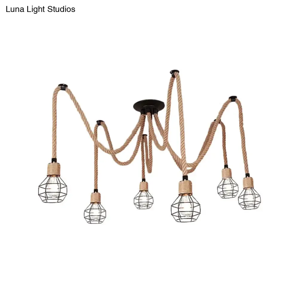 Rustic Rope Pendant Light with Spherical Cage - 6/10 Lights, Brown Bistro Swag Lamp