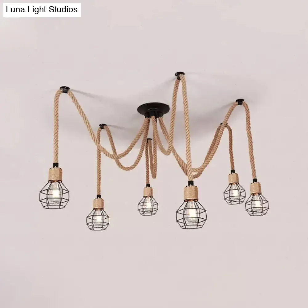 Rustic Rope Pendant Light with Spherical Cage - 6/10 Lights, Brown Bistro Swag Lamp