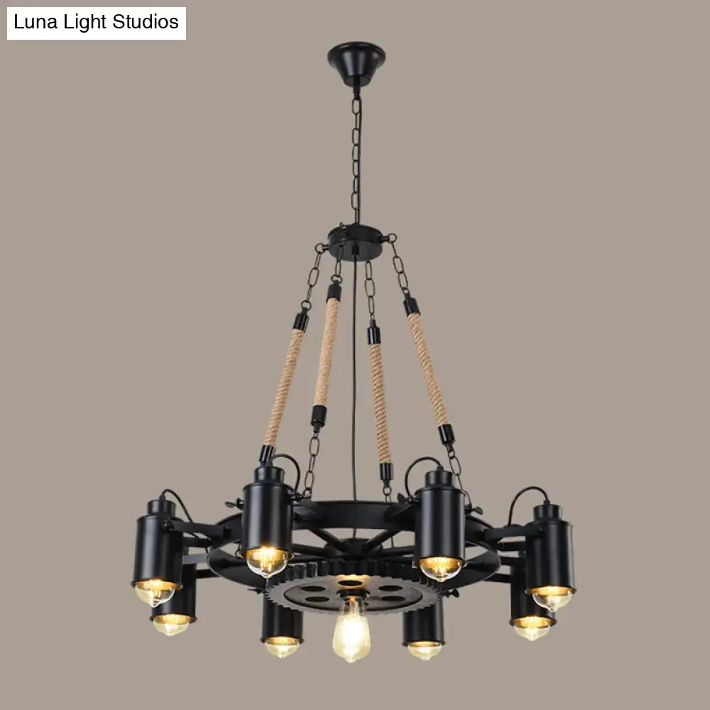 Rustic Wheel Suspension Iron Chandelier with Hemp Rope Decoration - Black