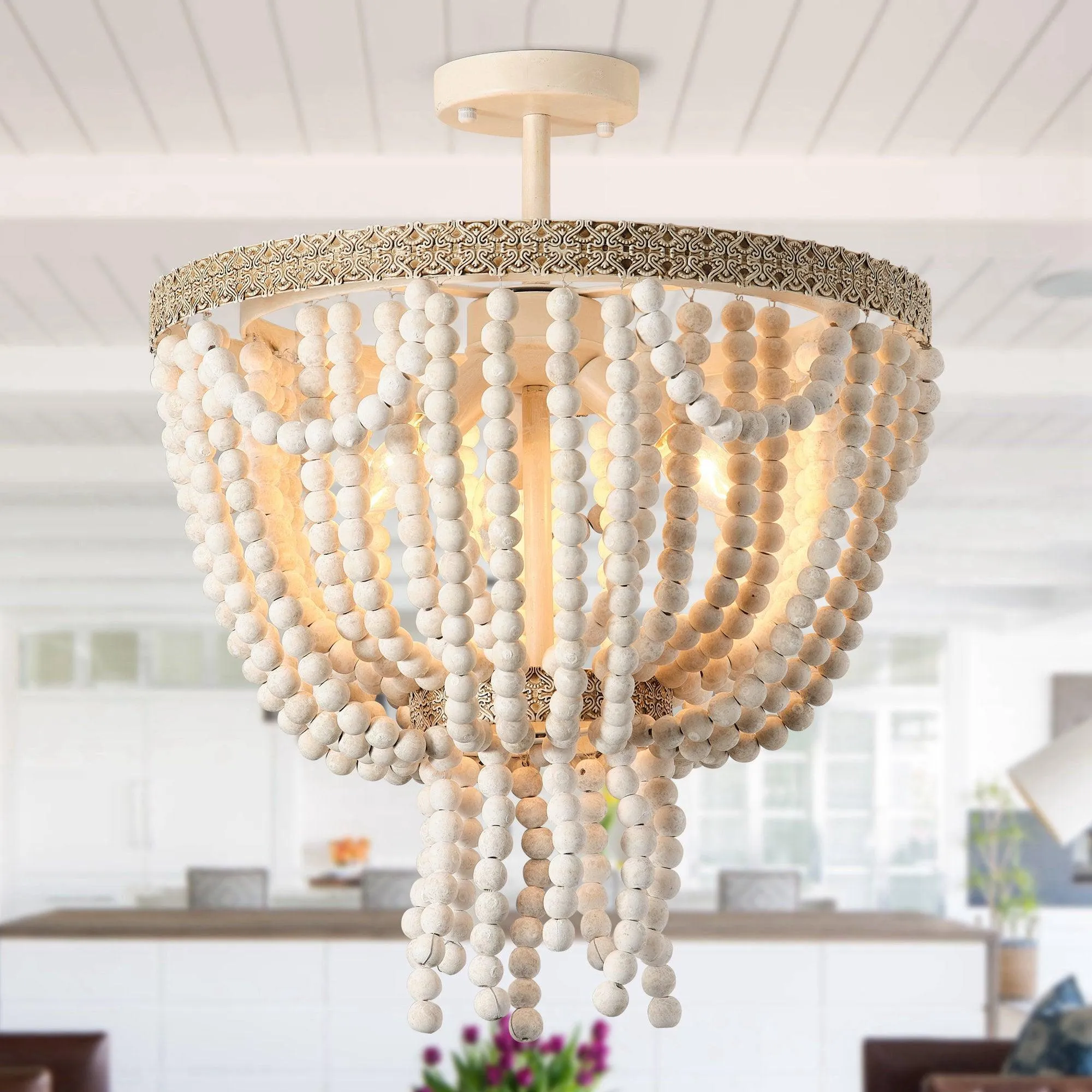 Seguis 3-Light Weathered White Chandelier with Wood Beads