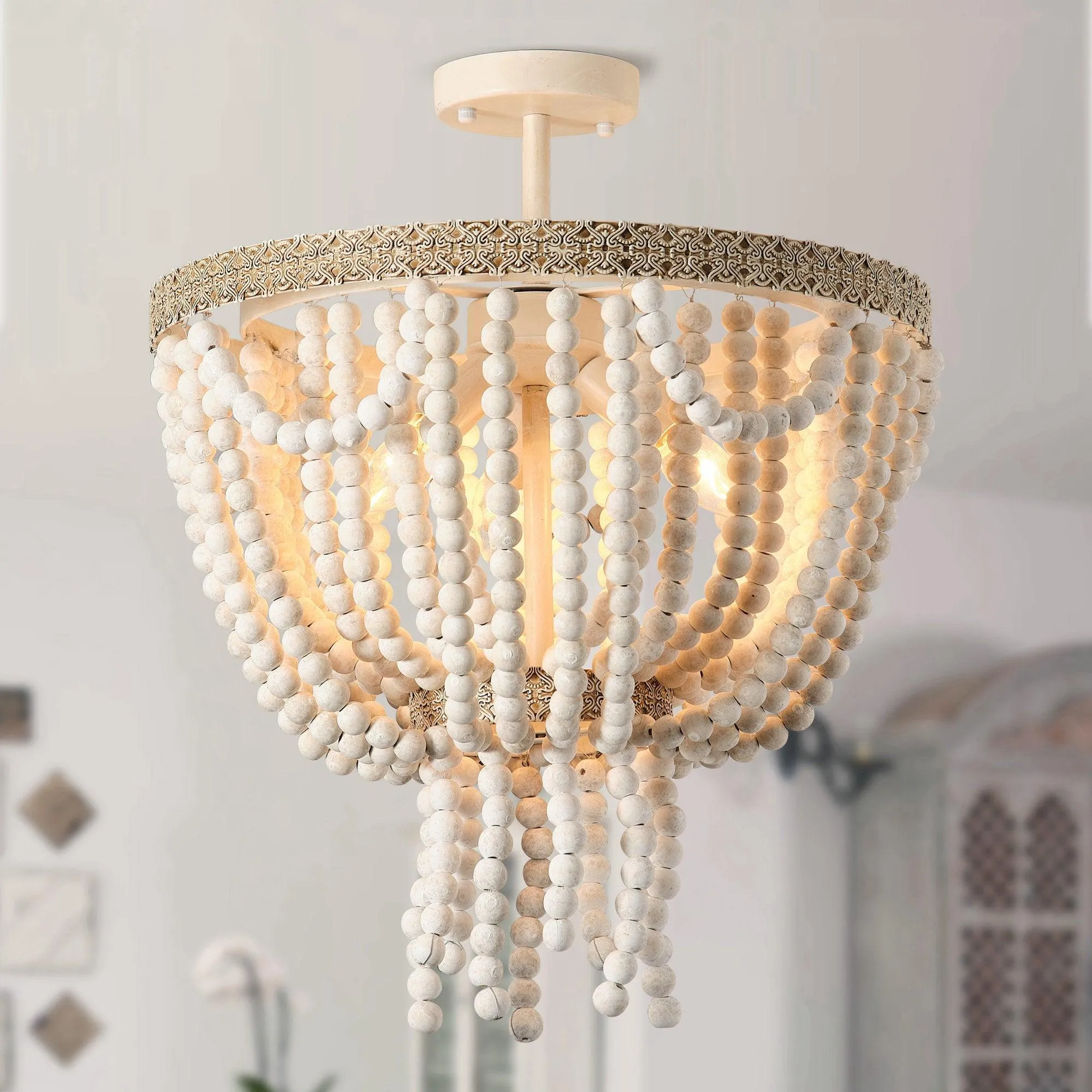 Seguis 3-Light Weathered White Chandelier with Wood Beads