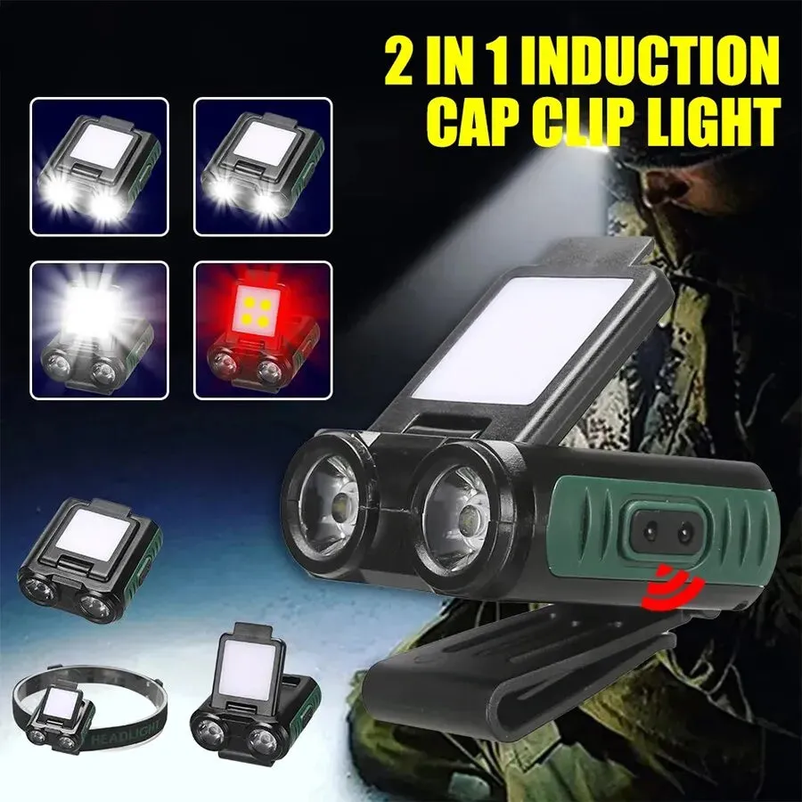 Sensor COB LED Headlamp Cap Clip Light USB Rechargeable Head Flashlight Built-in Battery Headlight Led Head for Fishing Camping