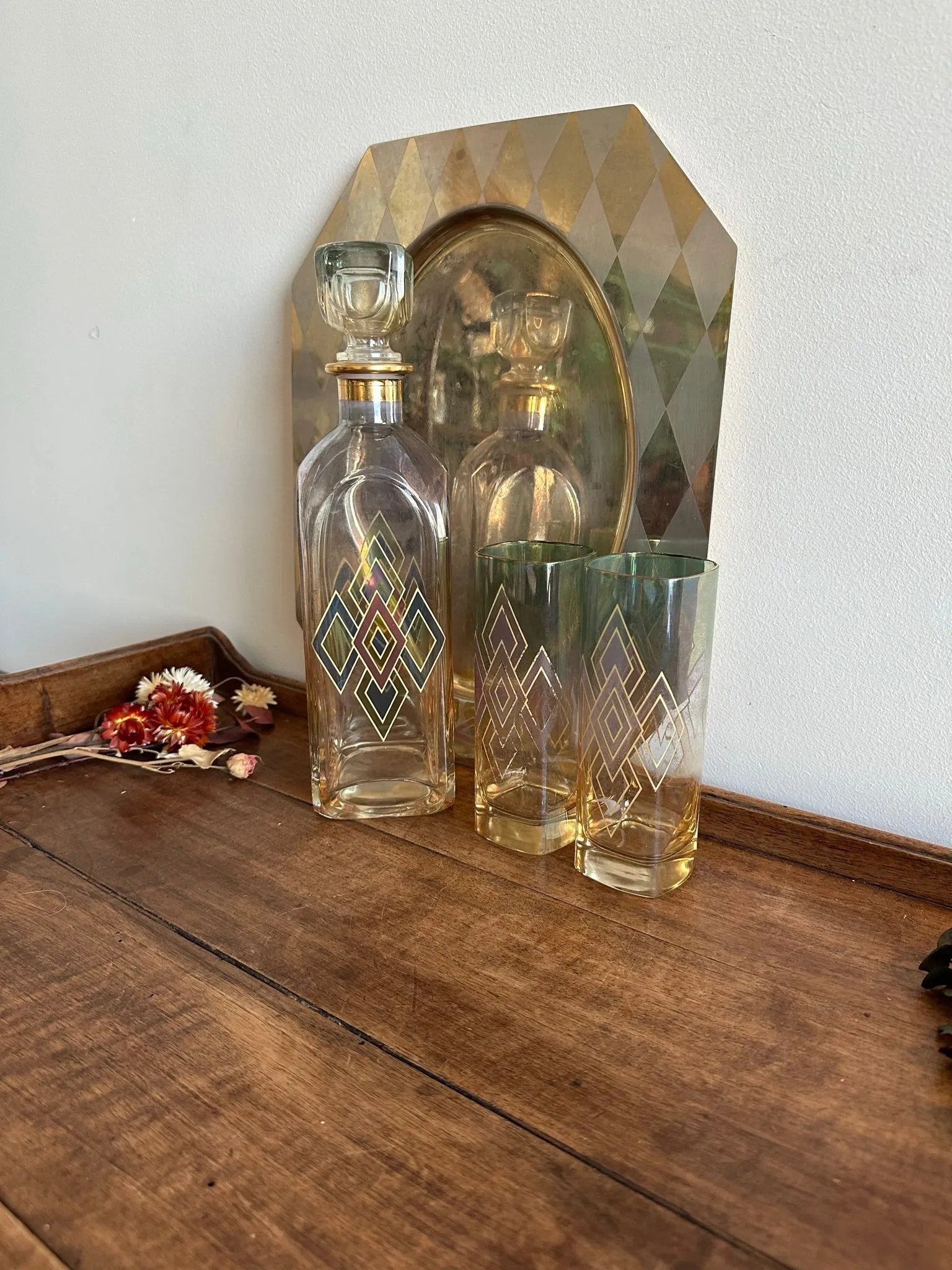 Set carafe verres et plateau motifs losanges années 60