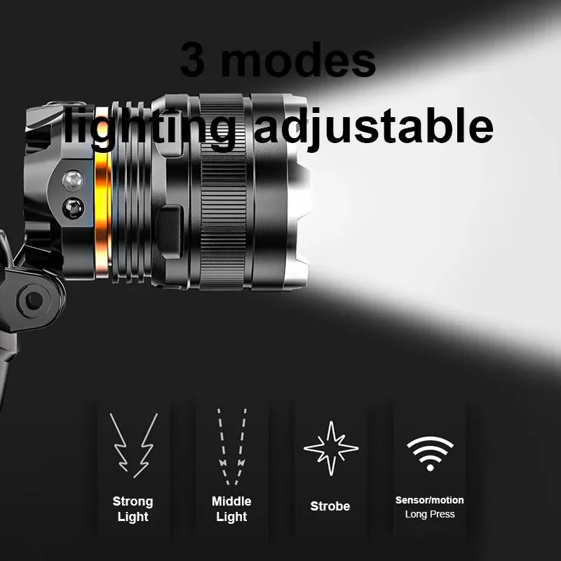 Smiling Shark K225 Powerful Headlamp XHP70 Sensor Headlight Rechargeable Waterproof Head Flashlight for Outdoor Camping Working