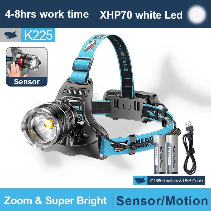 Smiling Shark K225 Powerful Headlamp XHP70 Sensor Headlight Rechargeable Waterproof Head Flashlight for Outdoor Camping Working