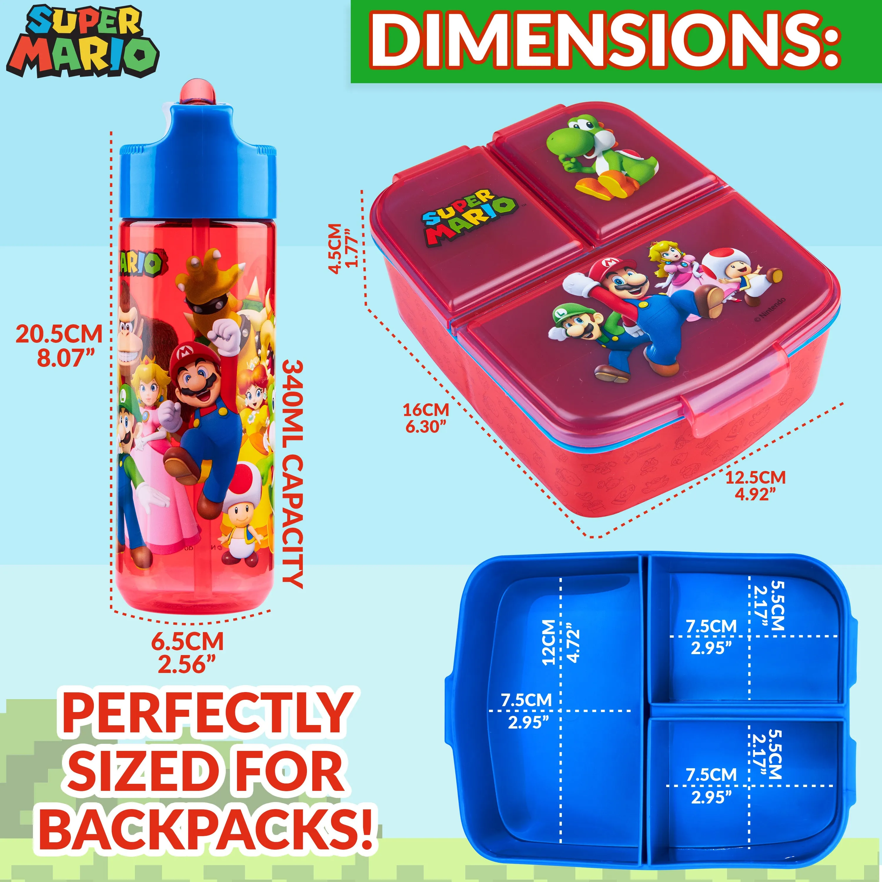 Super Mario Kids Lunchbox with Compartments & Water Bottle, School, Day Trips