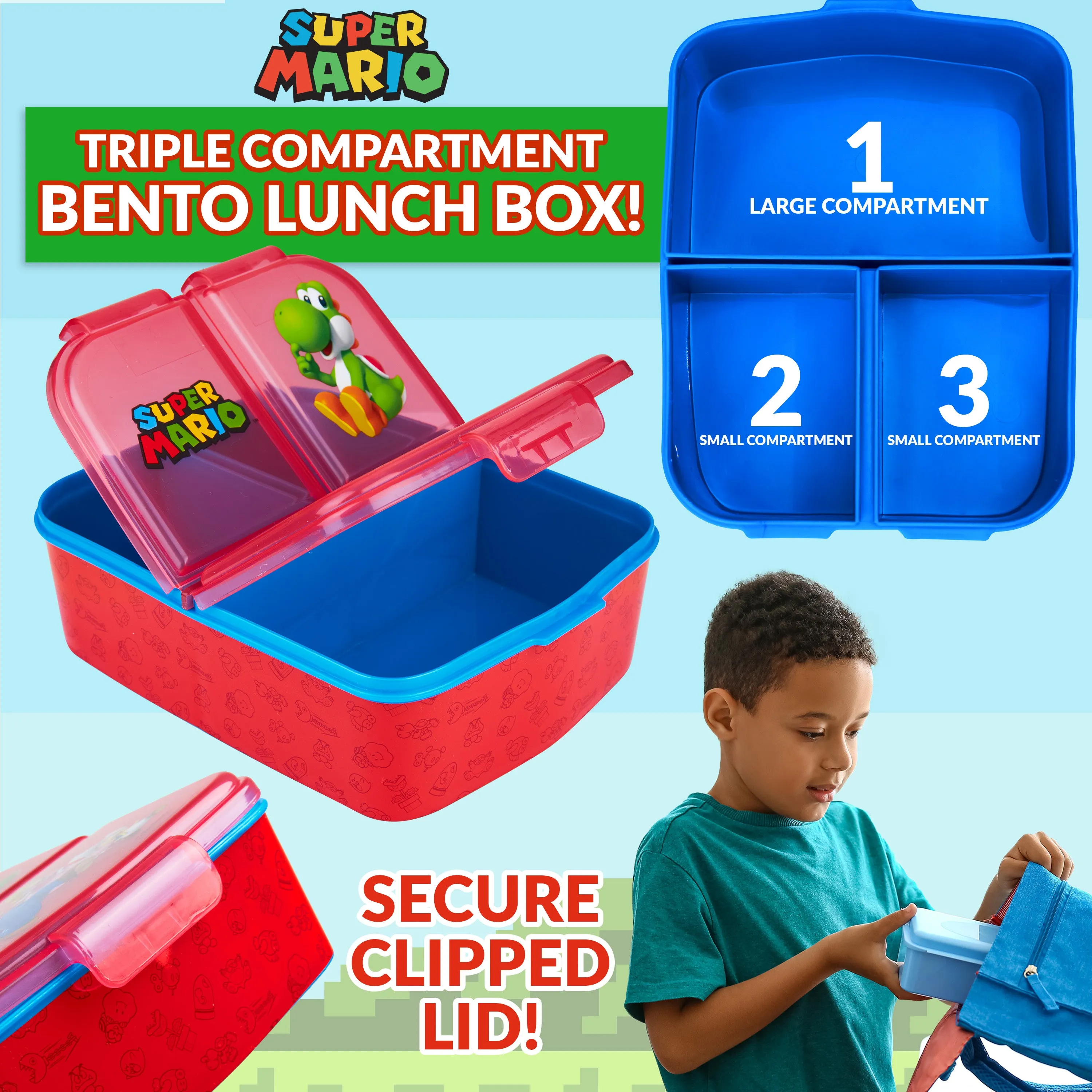 Super Mario Kids Lunchbox with Compartments & Water Bottle, School, Day Trips