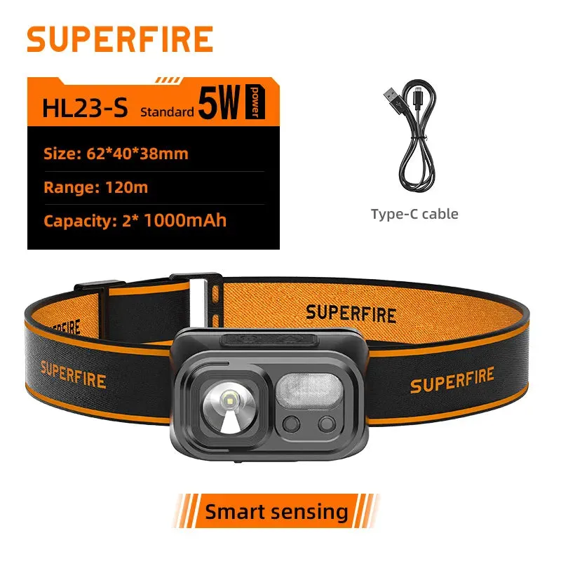 SuperFire HL23 ultra powerful led headlamp Sensor headlight fishing rechargeable head flashlight With USB-C 9 Lighting Modes