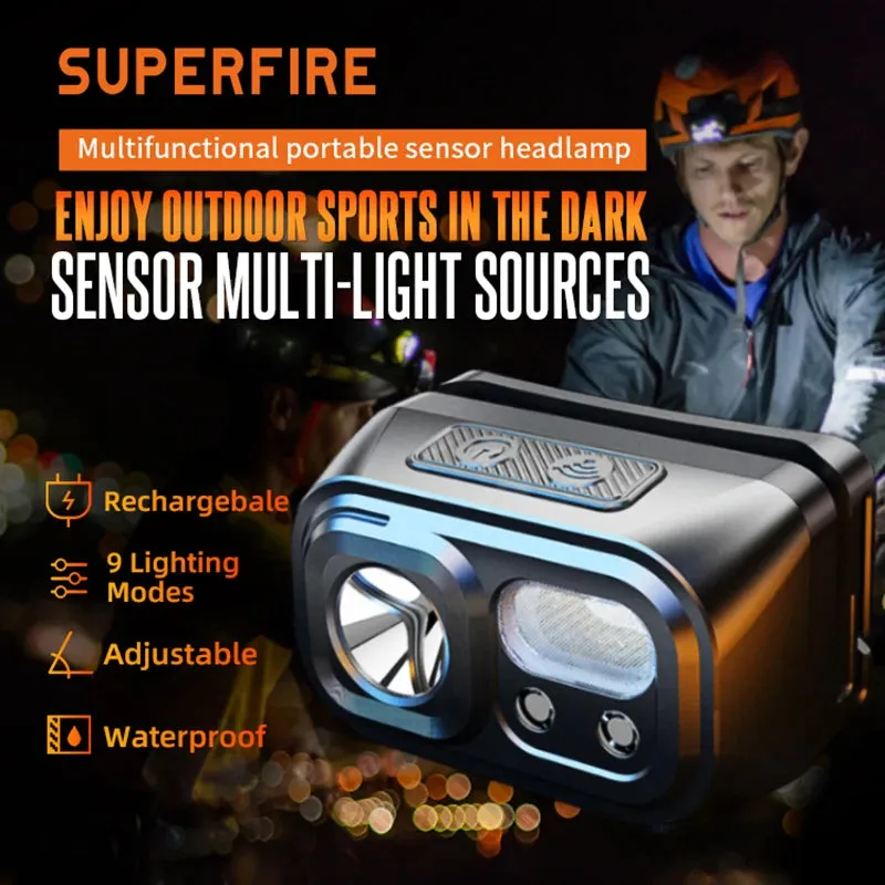 SuperFire HL23 ultra powerful led headlamp Sensor headlight fishing rechargeable head flashlight With USB-C 9 Lighting Modes