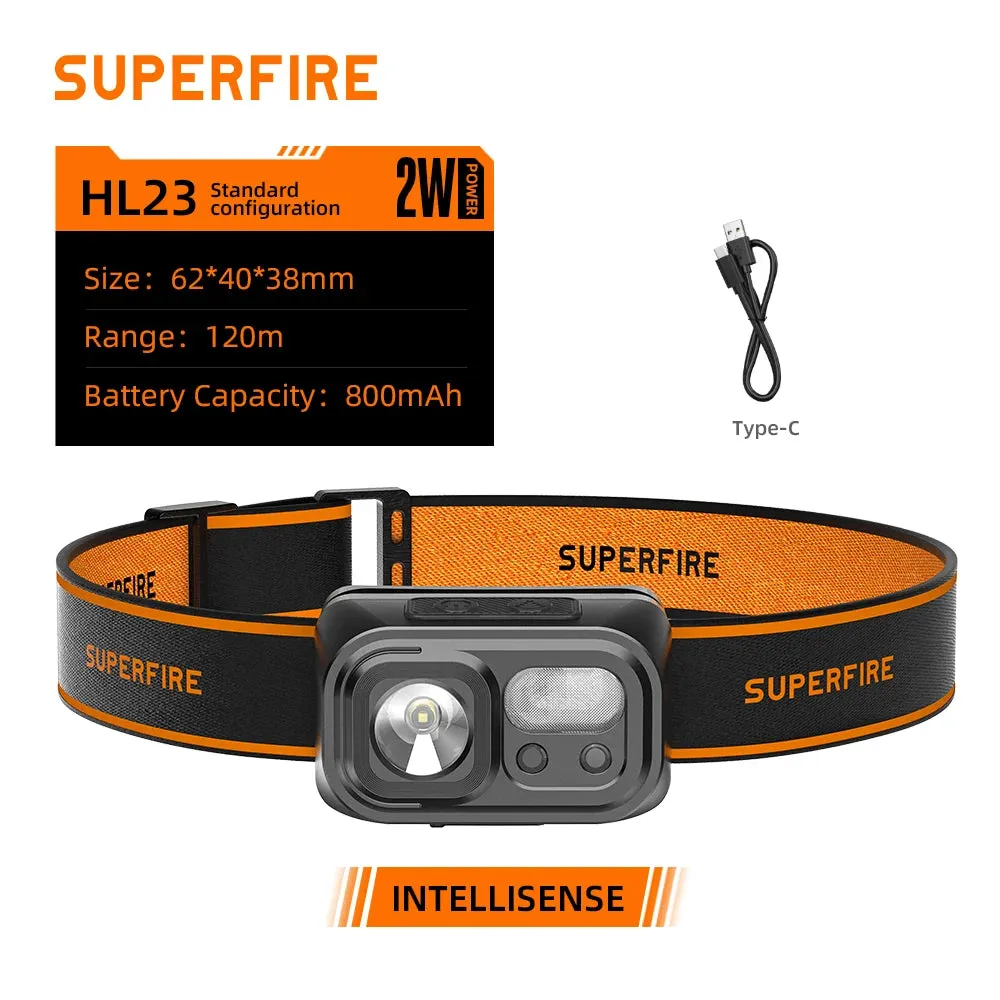 SuperFire HL23 ultra powerful led headlamp Sensor headlight fishing rechargeable head flashlight With USB-C 9 Lighting Modes