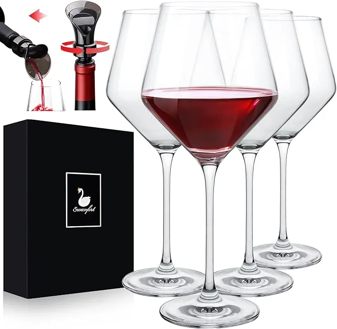 Swanfort Red Wine Glasses Set of 4, Long Stem Crystal Wine Glasses, Burgundy Wine Glass with Gift Box, 484ml Large Wine Glasses with Stem for Wedding Anniversary Birthday Gifts