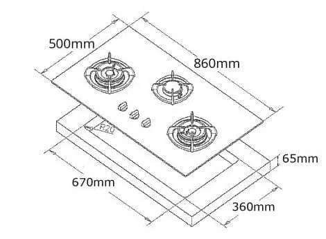 Tecno Uno SR 883 SV Stainless Steel Hob Stainless Steel 86cm, V.V.S , INFERNO*  3 Burner (2x Big, 1x Medium)