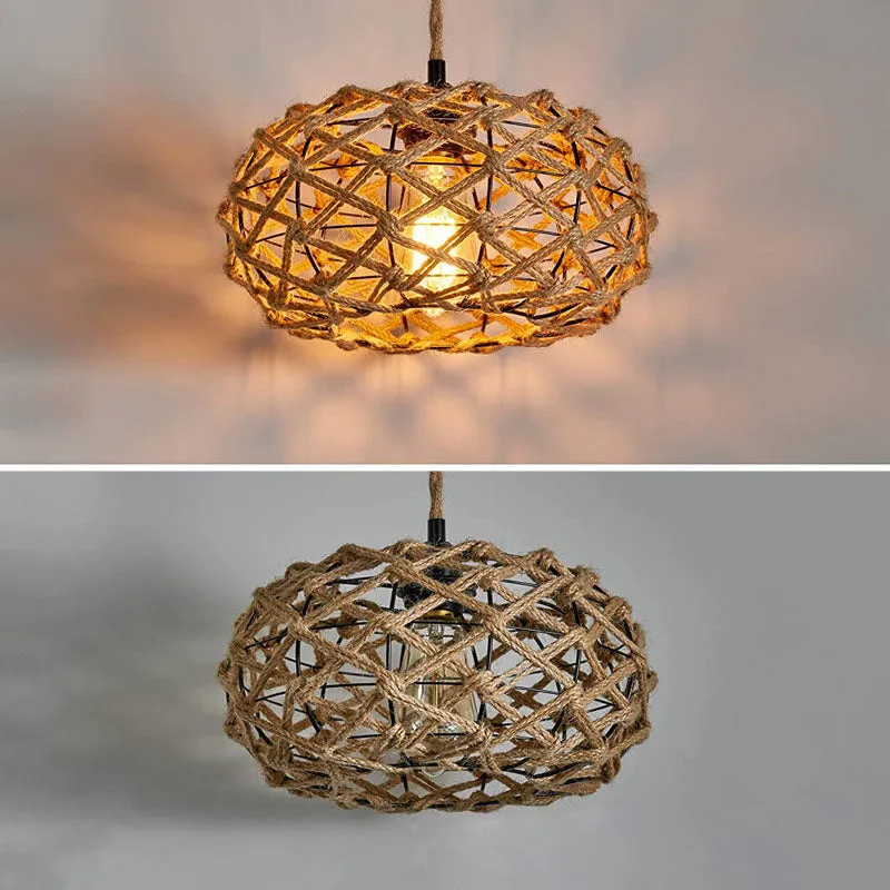 Traditional Rustic Hemp Rope Weaving Iron Cage 1-Light Pendant Light For Kitchen