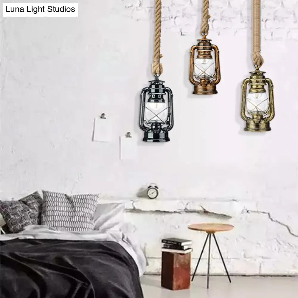 Transparent Glass Nautical Bedside Pendant Lantern Ceiling Lamp with Hemp Rope