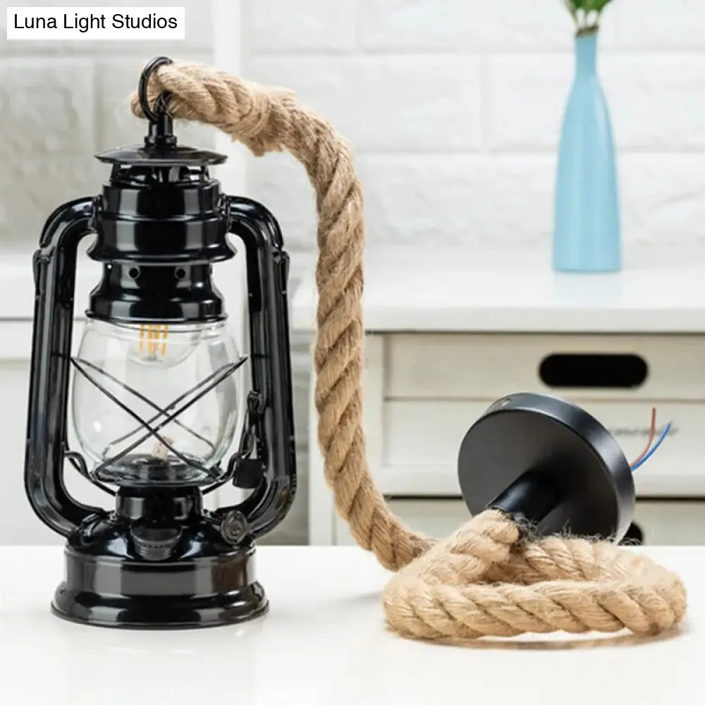 Transparent Glass Nautical Bedside Pendant Lantern Ceiling Lamp with Hemp Rope