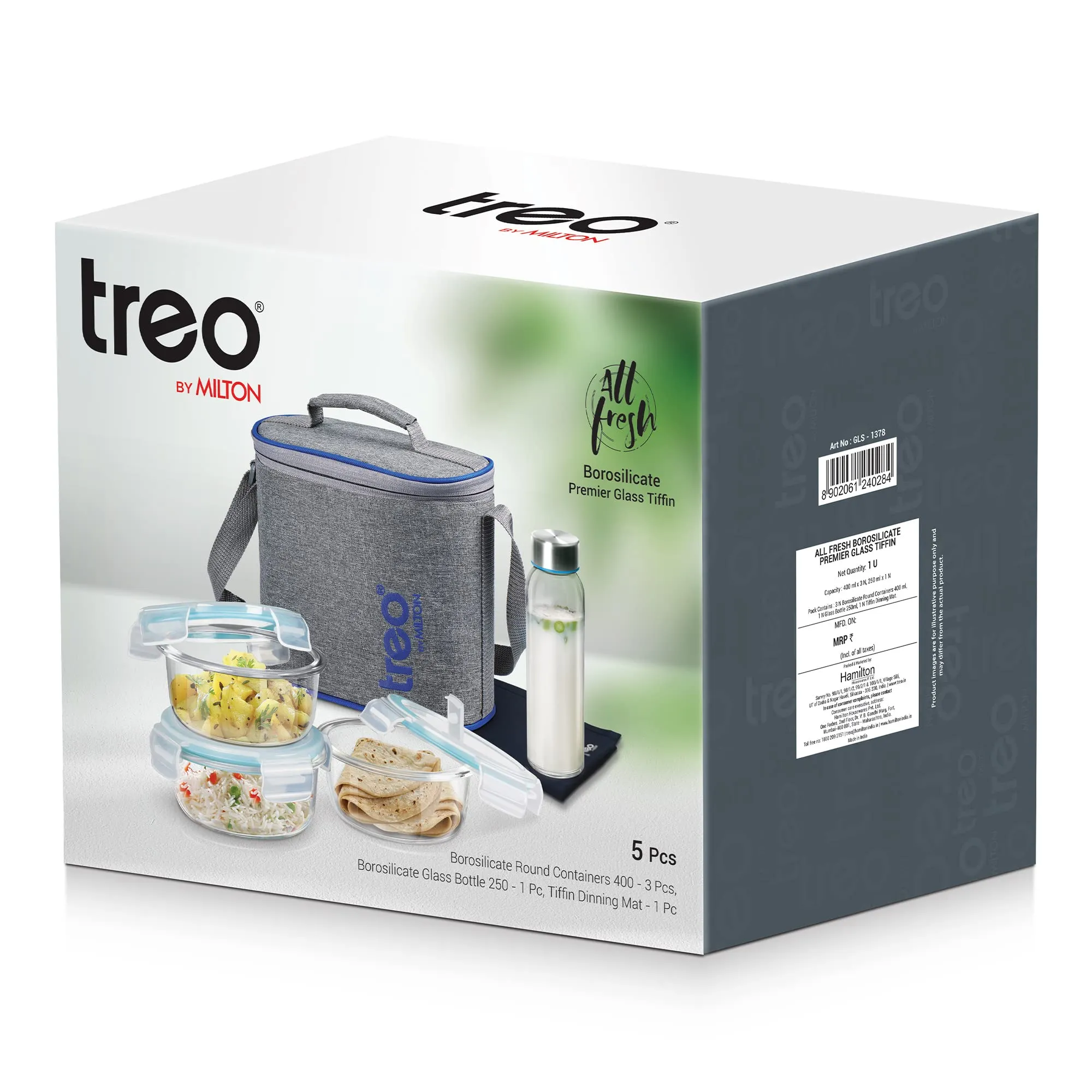 Treo By Milton All Fresh Premier Glass Tiffin Set Of 5 (3 - Round Containers,400 Ml Each; 1 - Bottle,250 Ml; 1 - Tiffin Dinning Mat) With Jacket