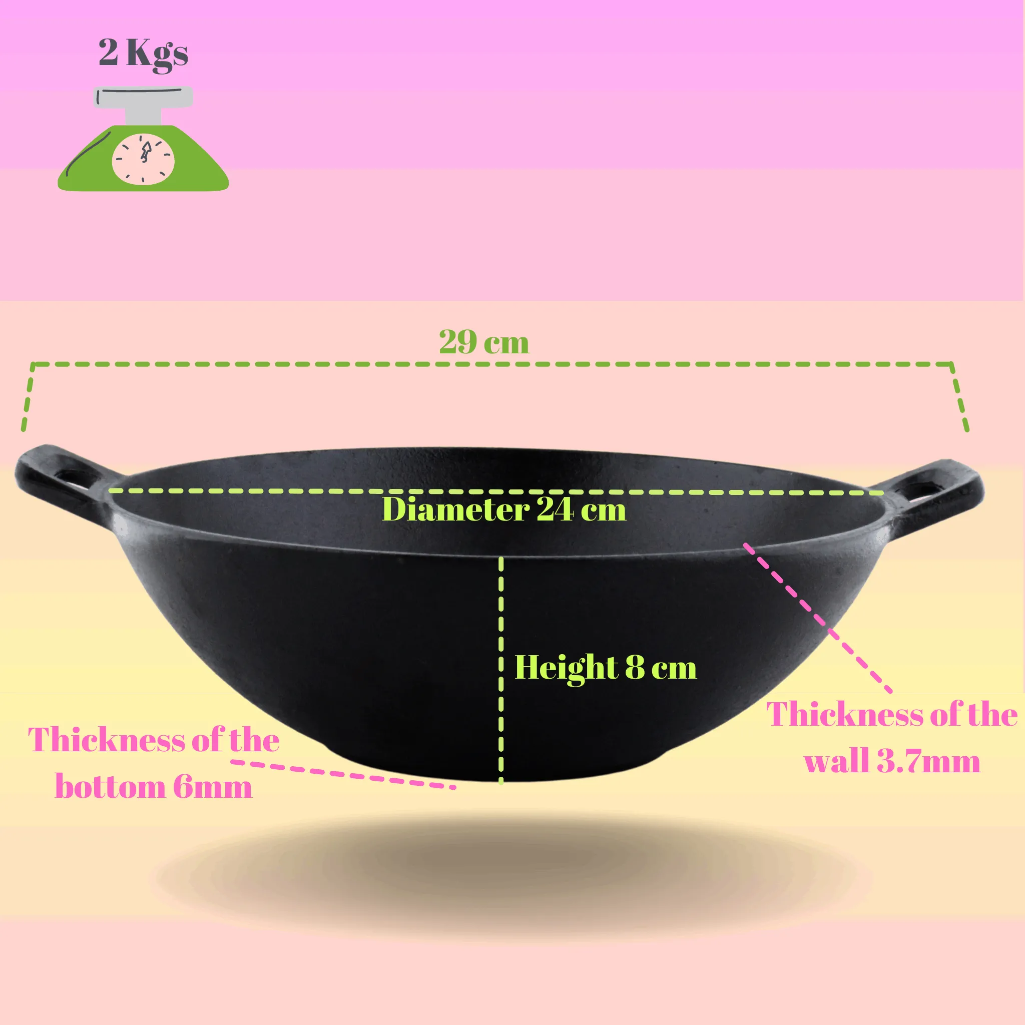 Trilonium Triple Seasoned Cast Iron Kadhai 24 cm, Sleek, Weighs 2 kgs Capacity 2.2L