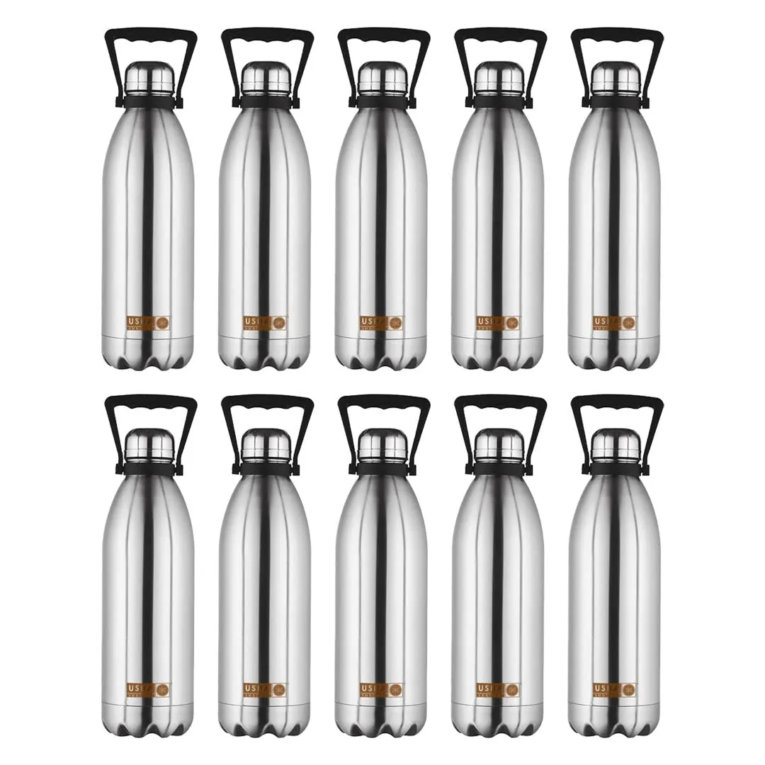 USHA SHRIRAM Insulated Stainless Steel Water Bottle (1.5L - Pack of 10) | Hot for 18 Hours, Cold for 24 Hours | Water Bottle for Home, Office & Kids | Rust-Free, Durable & Leak-Proof | Silver