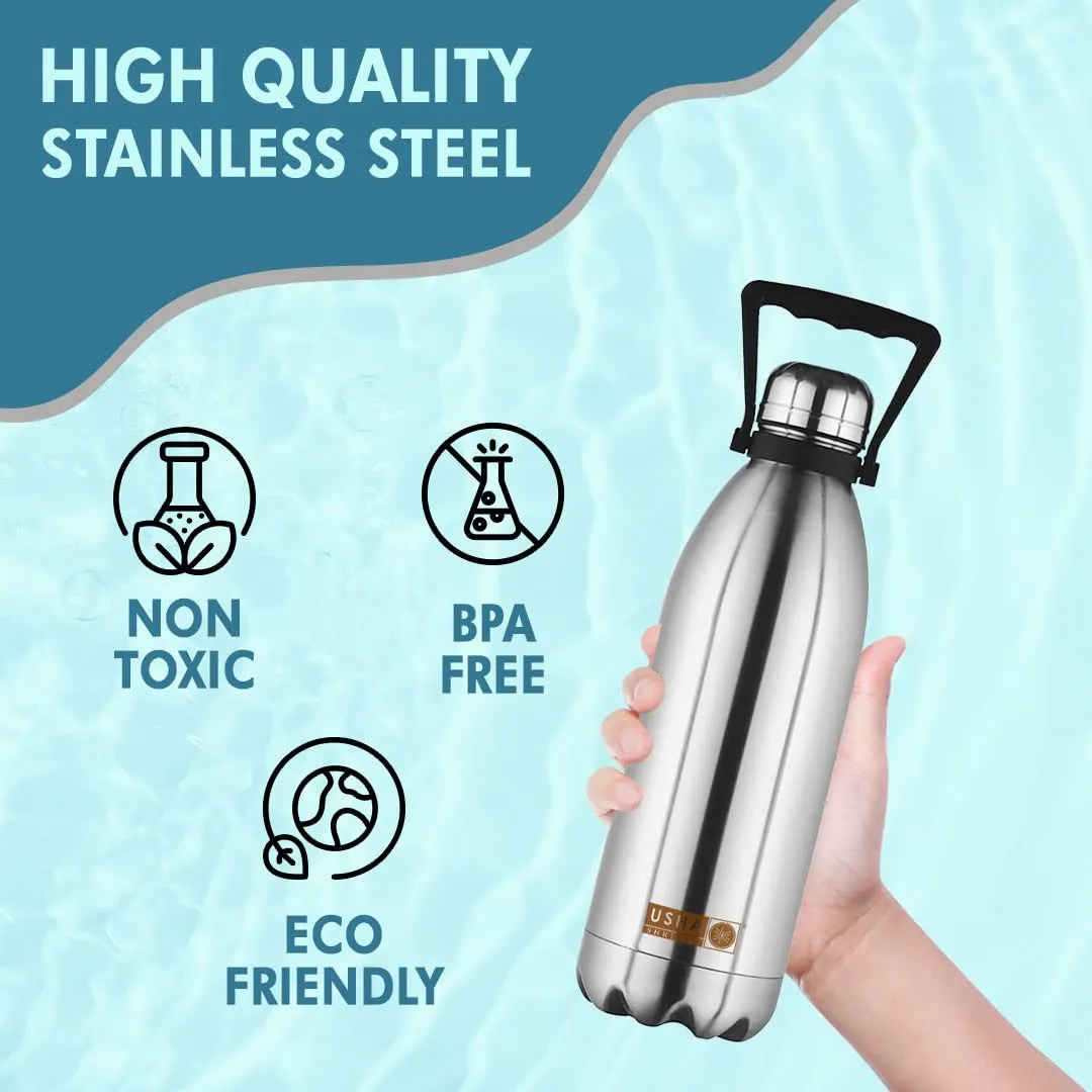 USHA SHRIRAM Insulated Stainless Steel Water Bottle (1.5L - Pack of 10) | Hot for 18 Hours, Cold for 24 Hours | Water Bottle for Home, Office & Kids | Rust-Free, Durable & Leak-Proof | Silver