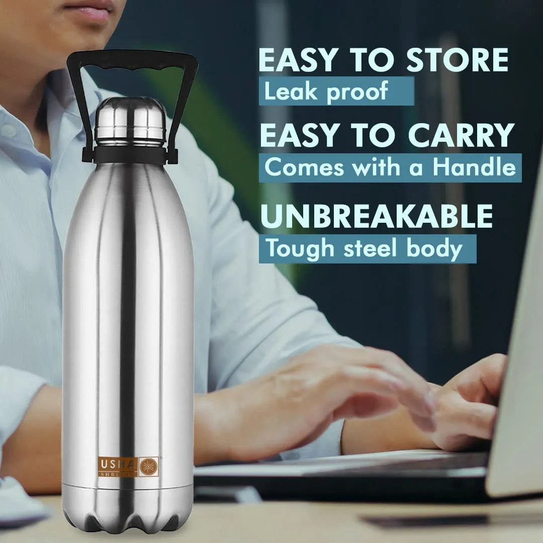 USHA SHRIRAM Insulated Stainless Steel Water Bottle (1.5L - Pack of 10) | Hot for 18 Hours, Cold for 24 Hours | Water Bottle for Home, Office & Kids | Rust-Free, Durable & Leak-Proof | Silver