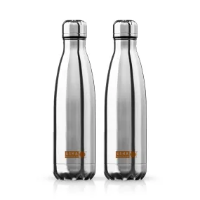 USHA SHRIRAM Insulated Stainless Steel Water Bottle (1L) | Water Bottle for Home, Office & Kids | Hot for 18 Hours, Cold for 24 Hours | Rust-Free & Leak-Proof (Pack of 2, Silver)