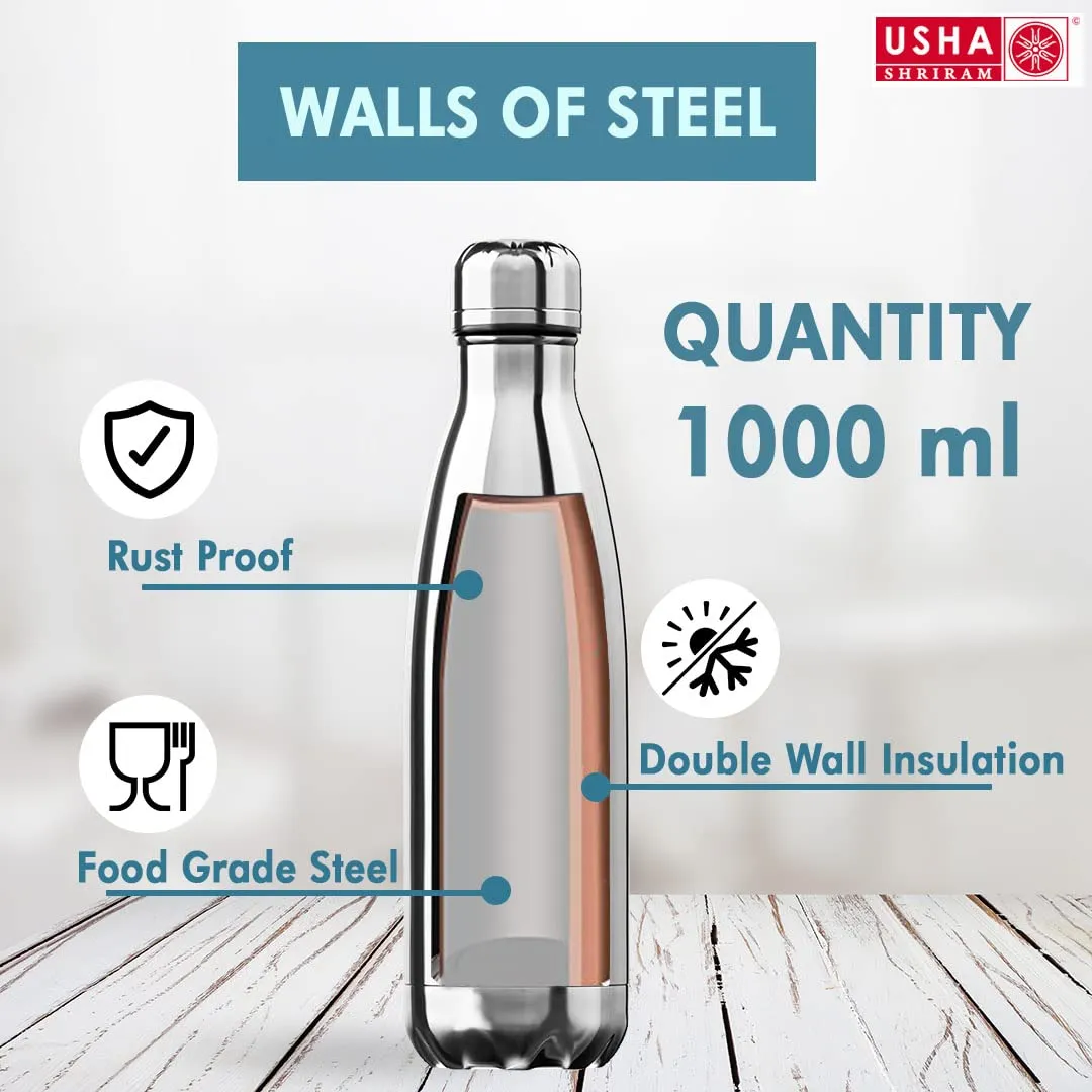 USHA SHRIRAM Insulated Stainless Steel Water Bottle (1L) | Water Bottle for Home, Office & Kids | Hot for 18 Hours, Cold for 24 Hours | Rust-Free & Leak-Proof (Pack of 2, Silver)