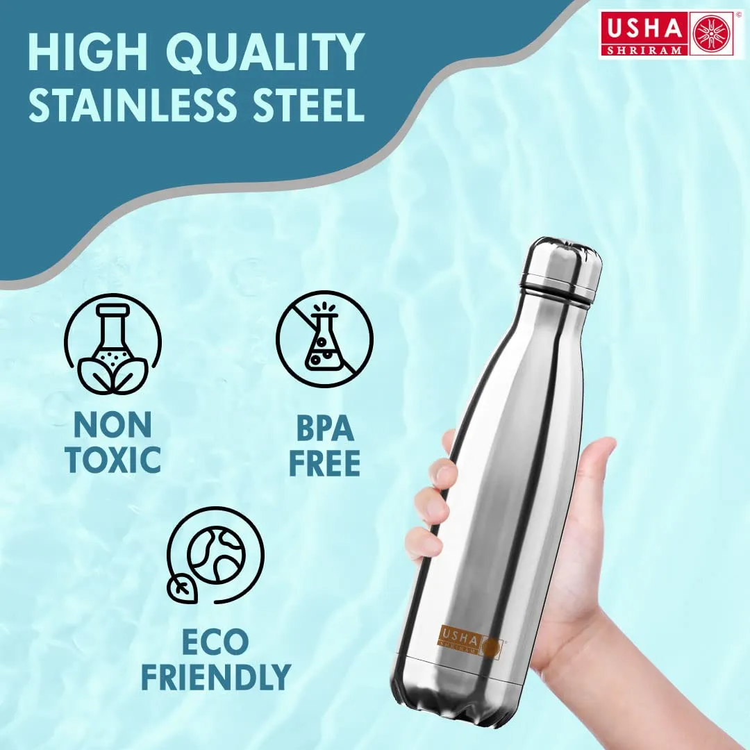 USHA SHRIRAM Insulated Stainless Steel Water Bottle (1L) | Water Bottle for Home, Office & Kids | Hot for 18 Hours, Cold for 24 Hours | Rust-Free & Leak-Proof (Pack of 2, Silver)