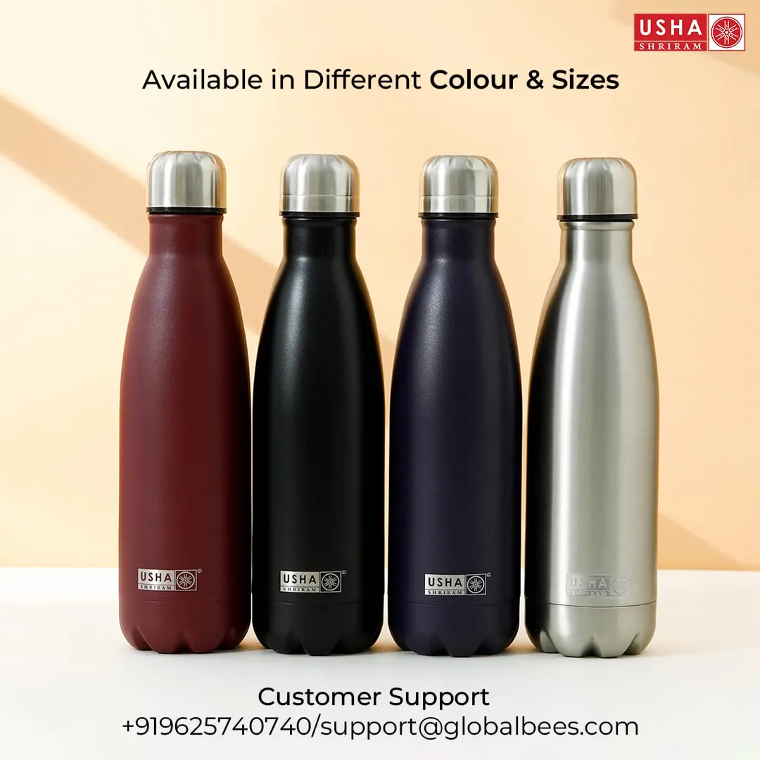 USHA SHRIRAM Insulated Stainless Steel Water Bottle (500ml) | Water Bottle for Home, Office & Kids | Hot for 18 Hours, Cold for 24 Hours | Rust-Free & Leak-Proof (Multi-Colour, Pack of 6)