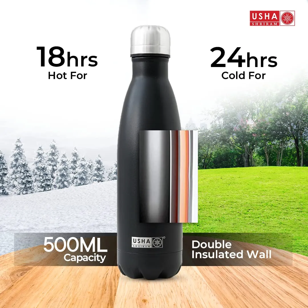 USHA SHRIRAM Insulated Stainless Steel Water Bottle (500ml) | Water Bottle for Home, Office & Kids | Hot for 18 Hours, Cold for 24 Hours | Rust-Free & Leak-Proof (Multi-Colour, Pack of 6)