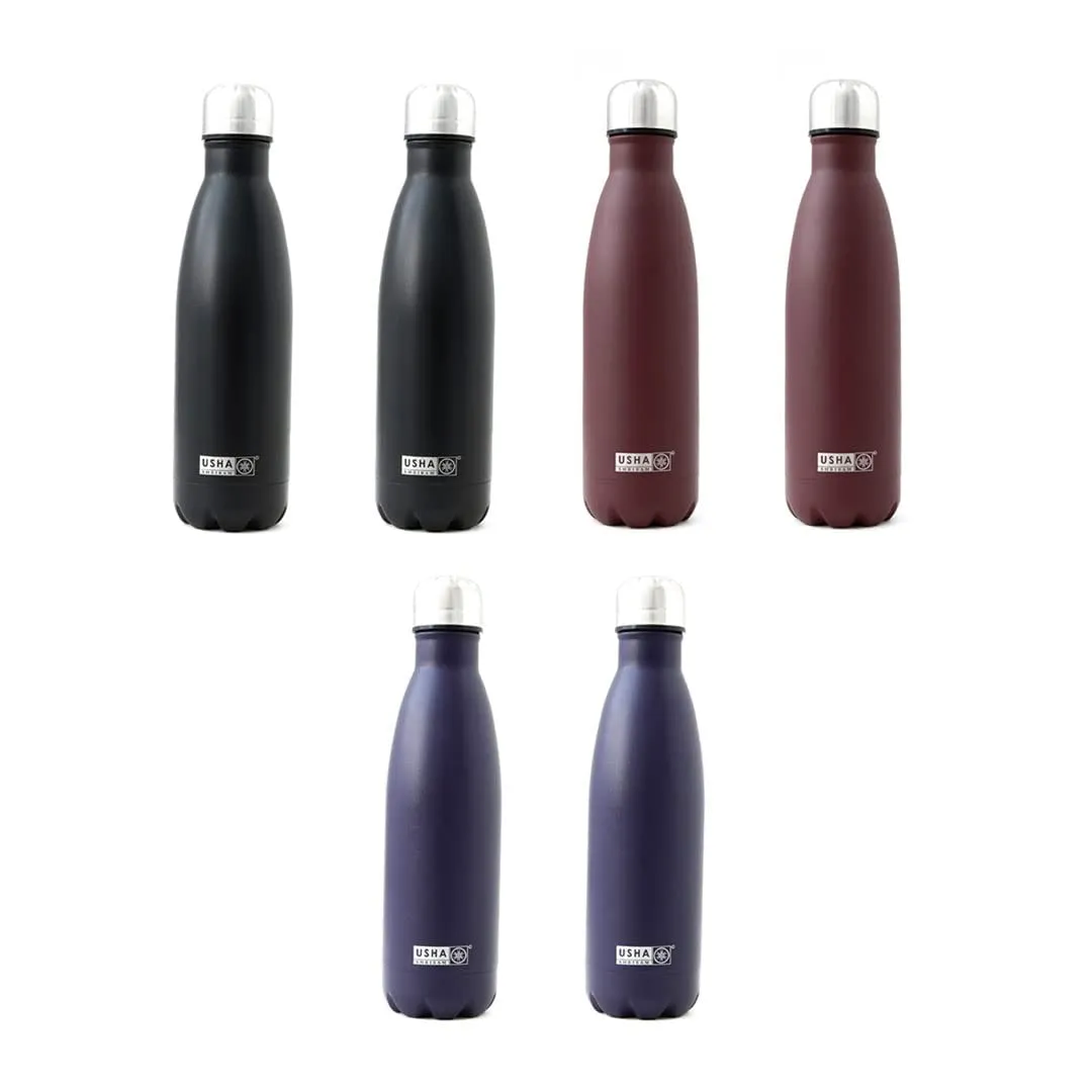 USHA SHRIRAM Insulated Stainless Steel Water Bottle (500ml) | Water Bottle for Home, Office & Kids | Hot for 18 Hours, Cold for 24 Hours | Rust-Free & Leak-Proof (Multi-Colour, Pack of 6)