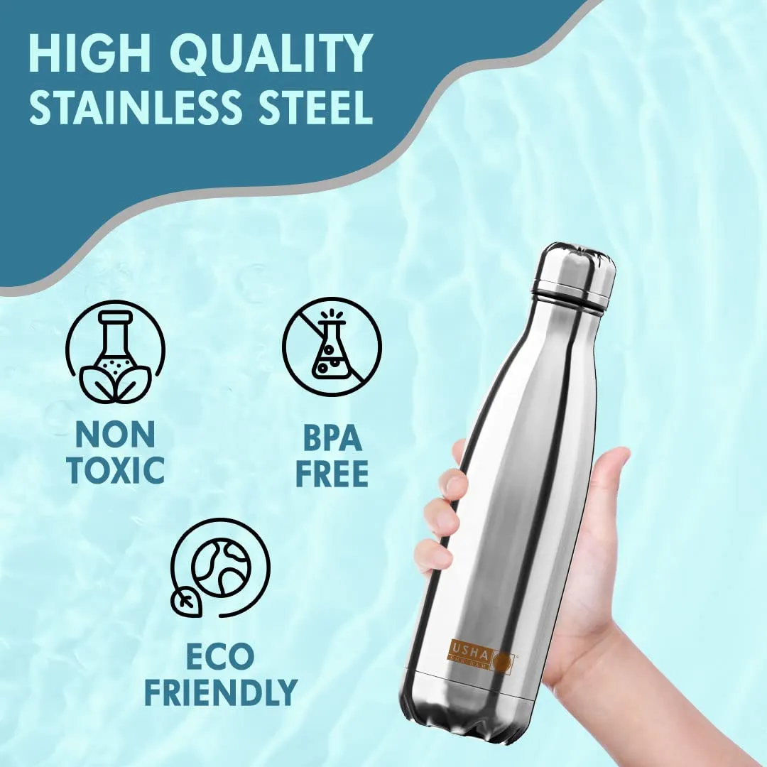 USHA SHRIRAM Insulated Stainless Steel Water Bottle | Hot for 18 Hours, Cold for 24 Hours | Water Bottle for Home, Office & Kids | Rust-Free, Durable & Leak-Proof | Silver (1L, 6)