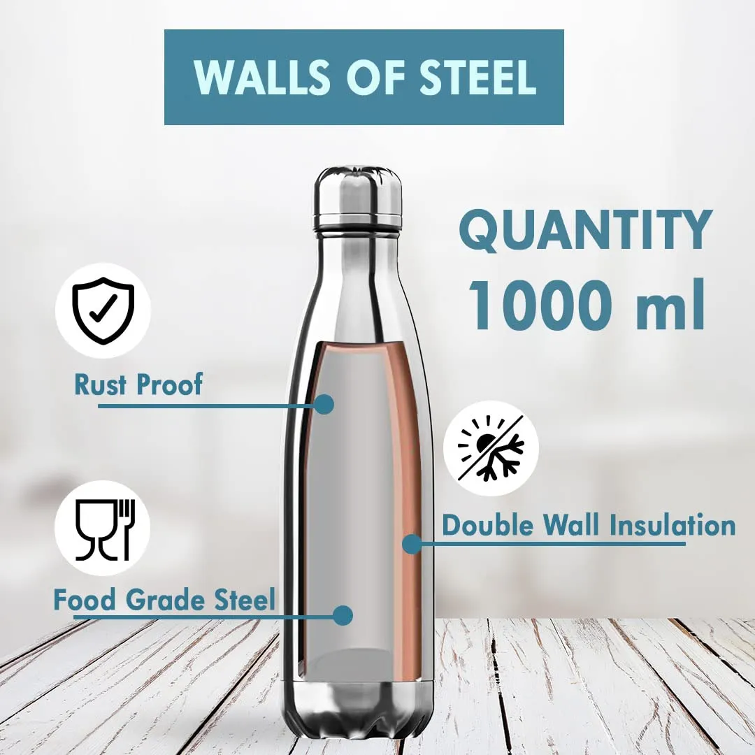 USHA SHRIRAM Insulated Stainless Steel Water Bottle | Hot for 18 Hours, Cold for 24 Hours | Water Bottle for Home, Office & Kids | Rust-Free, Durable & Leak-Proof | Silver (1L, 6)