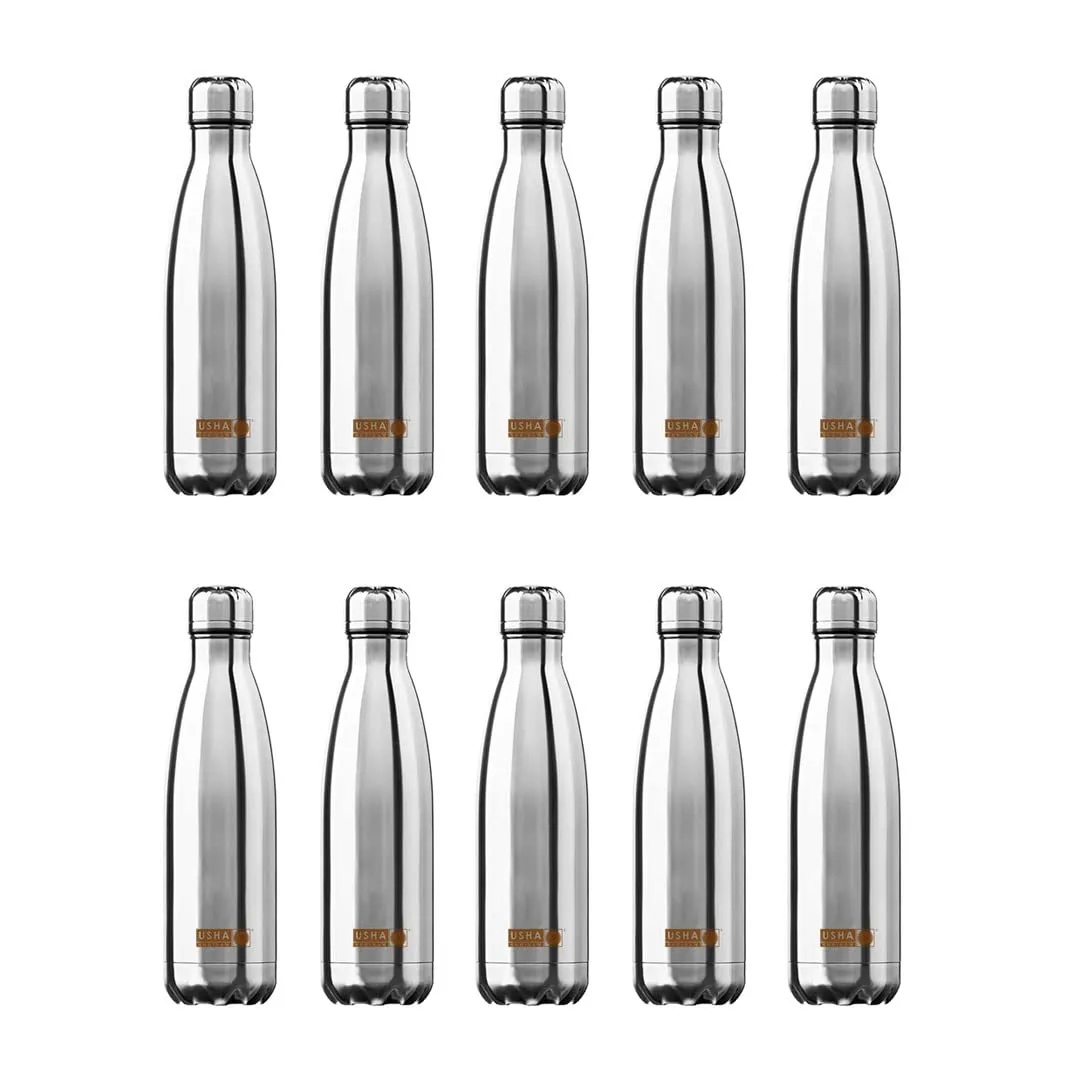 USHA SHRIRAM Insulated Stainless Steel Water Bottle | Hot for 18 Hours, Cold for 24 Hours | Water Bottle for Home, Office & Kids | Rust-Free, Durable & Leak-Proof | Silver (500ml, 10)