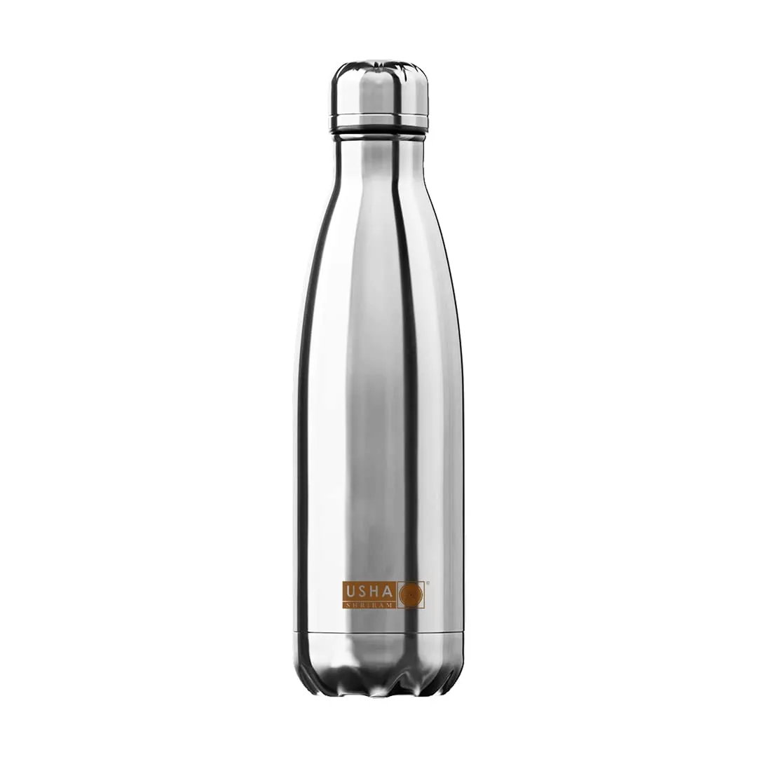 USHA SHRIRAM Insulated Stainless Steel Water Bottle | Hot for 18 Hours, Cold for 24 Hours | Water Bottle for Home, Office & Kids | Rust-Free, Durable & Leak-Proof | Silver (500ml, 10)