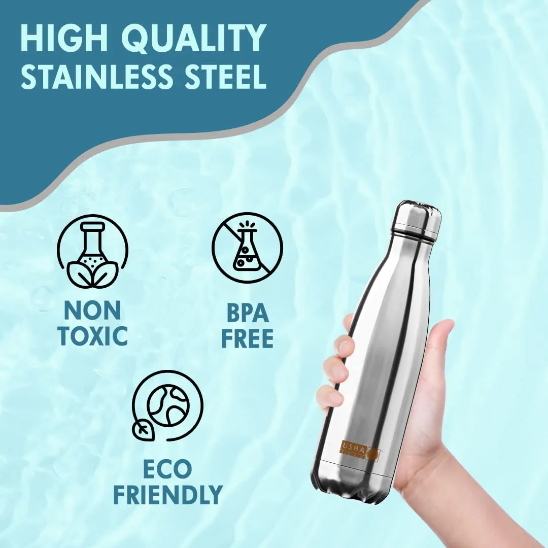 USHA SHRIRAM Insulated Stainless Steel Water Bottle | Hot for 18 Hours, Cold for 24 Hours | Water Bottle for Home, Office & Kids | Rust-Free, Durable & Leak-Proof | Silver (500ml, 10)