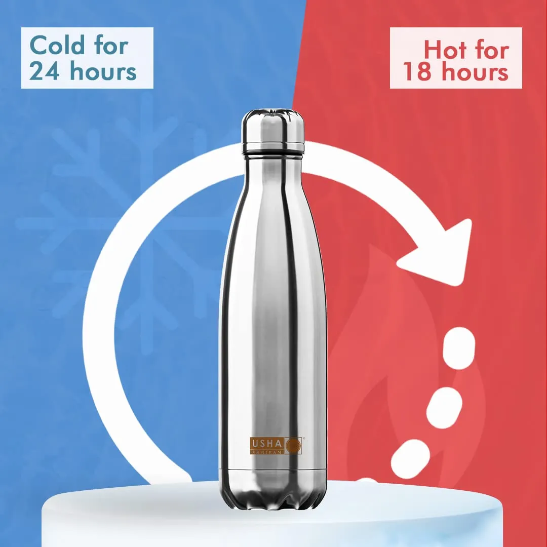 USHA SHRIRAM Insulated Stainless Steel Water Bottle | Hot for 18 Hours, Cold for 24 Hours | Water Bottle for Home, Office & Kids | Rust-Free, Durable & Leak-Proof | Silver (500ml, 10)