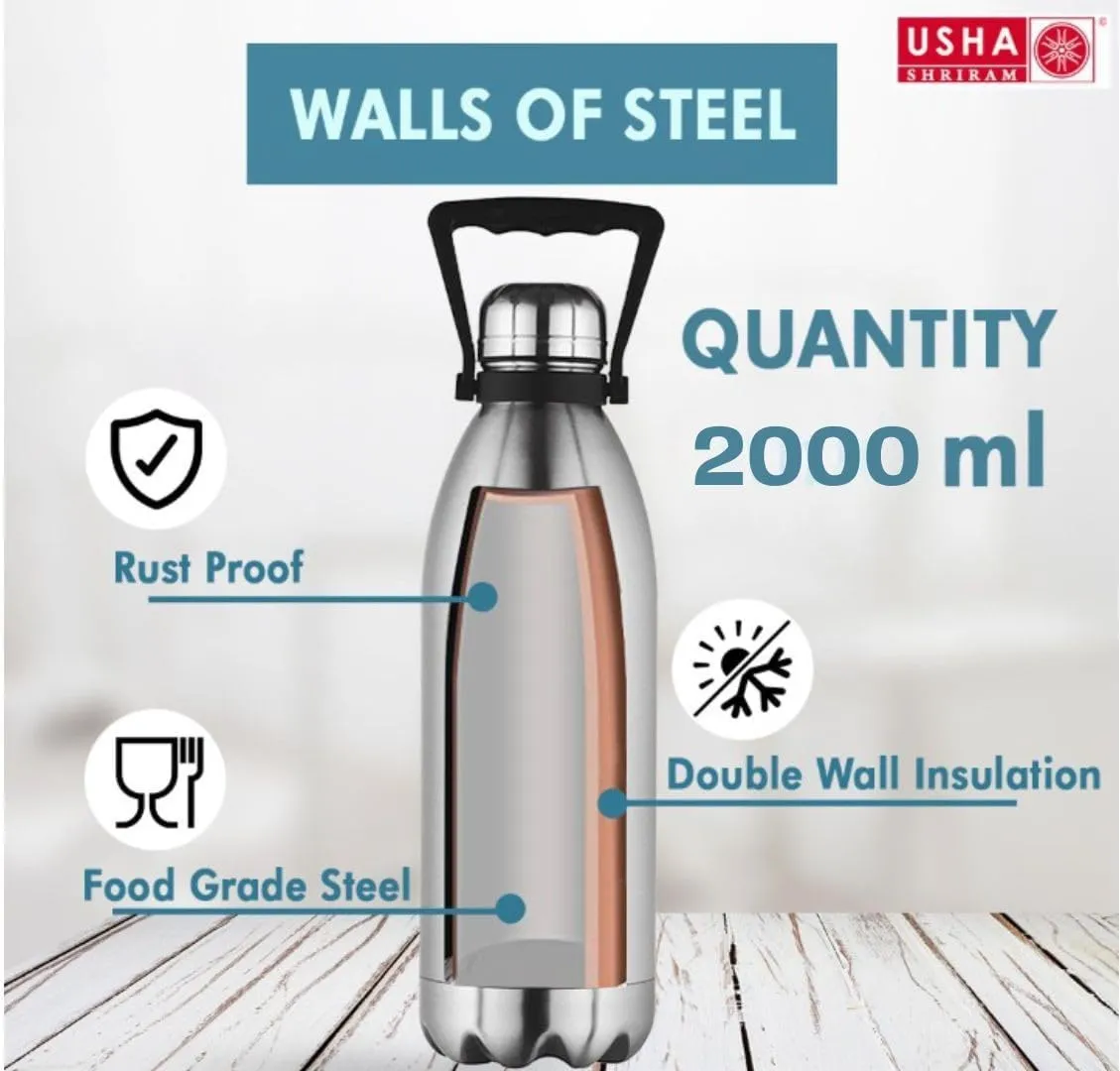 USHA SHRIRAM Insulated Stainless Steel Water Bottle | Water Bottle for Home, Office & Kids | Hot for 18 Hours, Cold for 24 Hours | Rust-free & Leak-Proof (2L, Pack of 1)