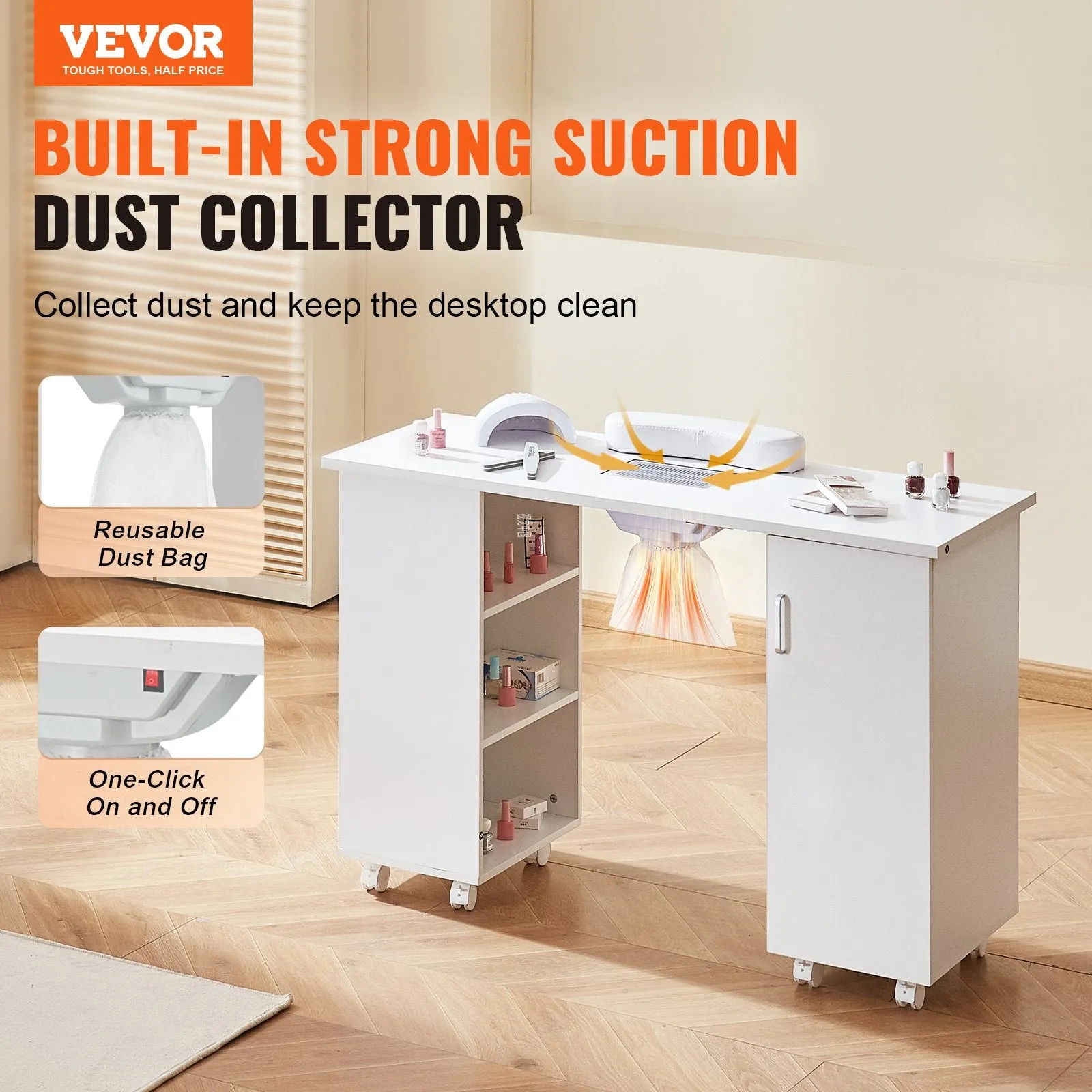 Vevor Manicure Table with Dust Collector MDF Workstation 8 Wheels 3 Dust Bags and Wrist Rest New